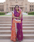 'Kesar' - Orange Floral Print Rajputi Suit Set + Purple Shibori Odhani