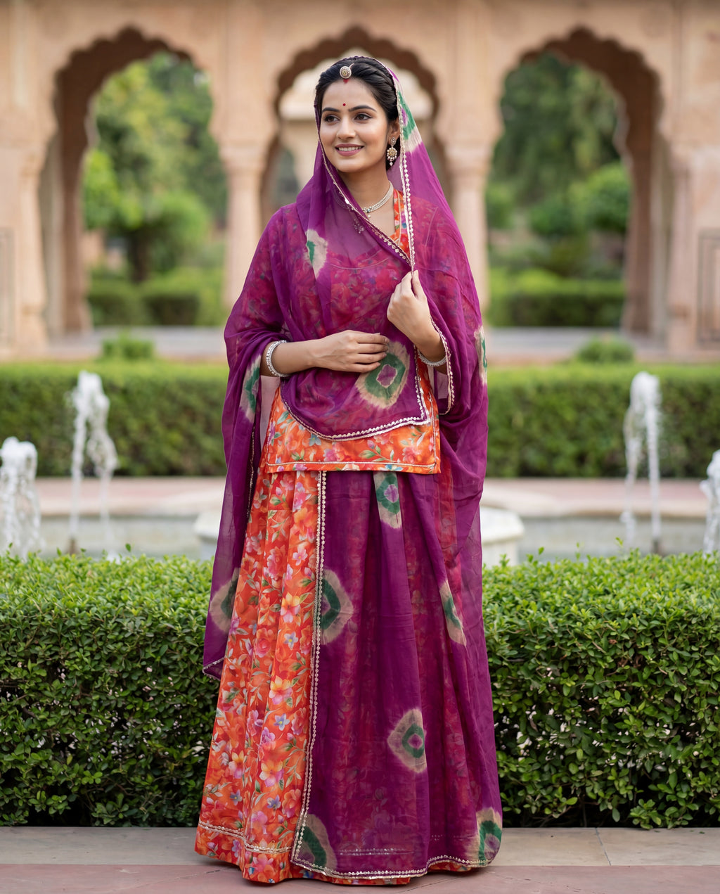 'Kesar' - Orange Floral Print Rajputi Suit Set + Purple Shibori Odhani