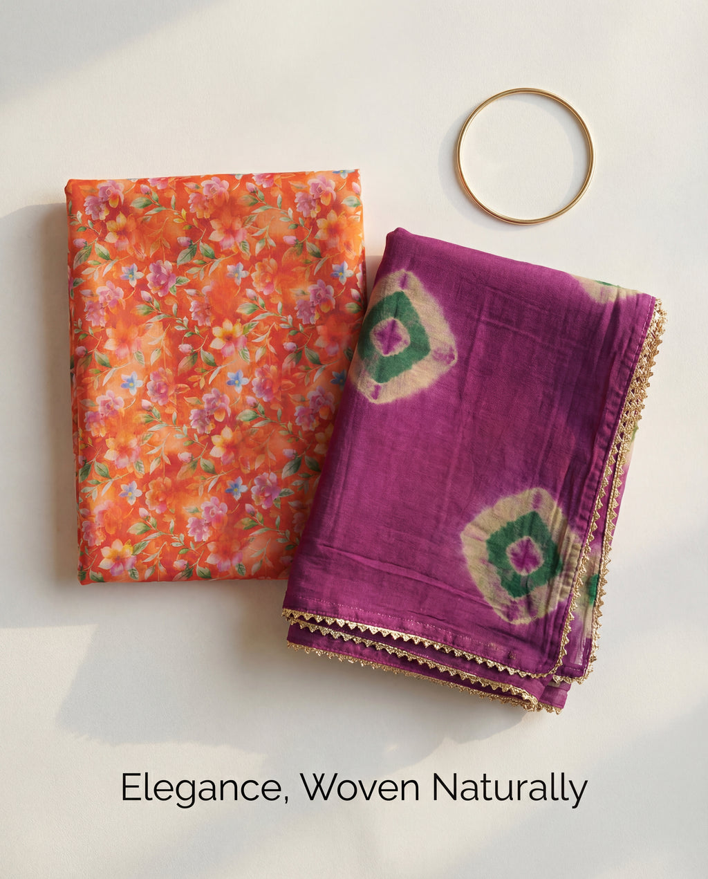 'Kesar' - Orange Floral Print Rajputi Suit Set + Purple Shibori Odhani