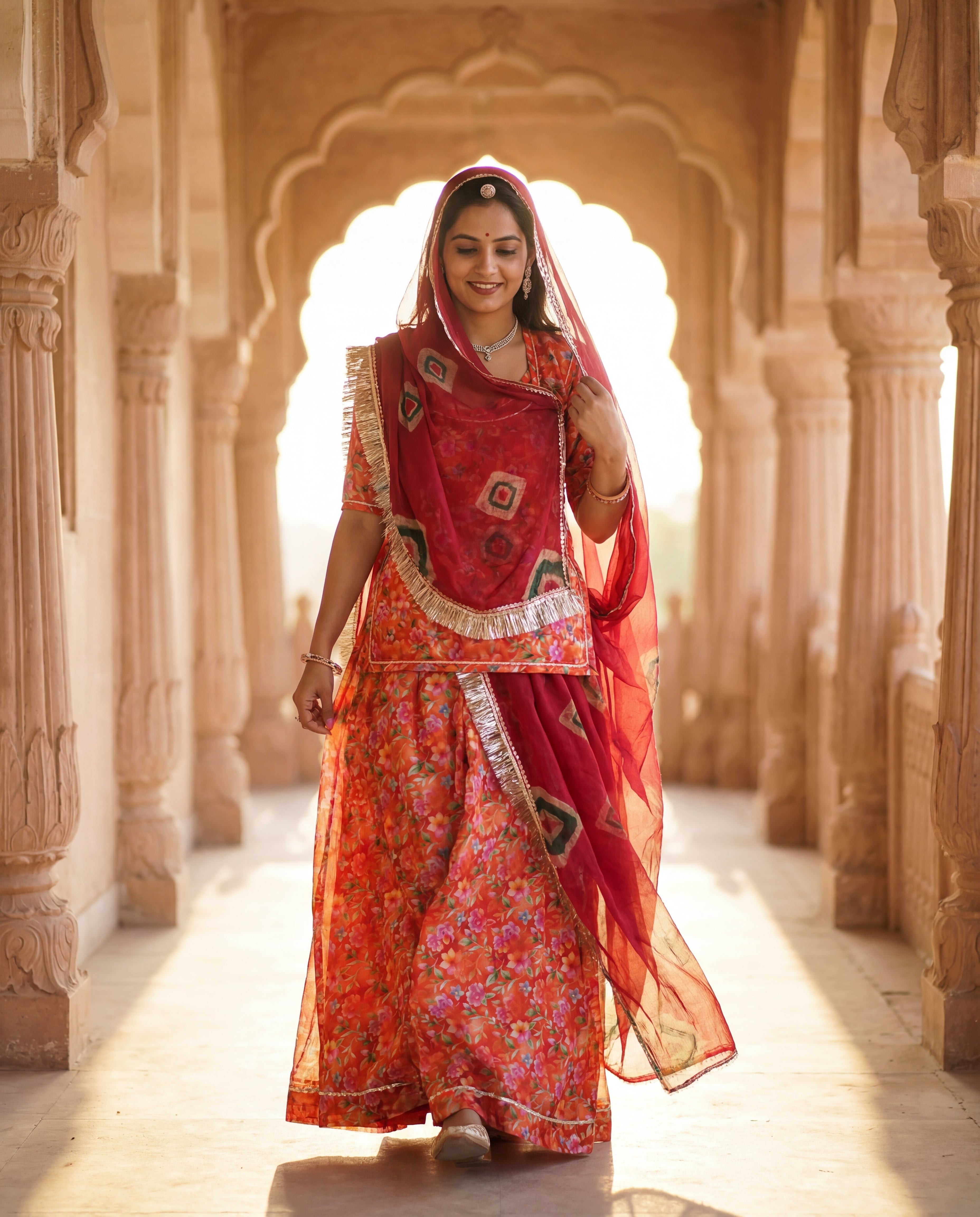 'Kesariya' - Vibrant Saffron Orange Floral Rajputi Suit Set + Deep Red Bandhani Odhani