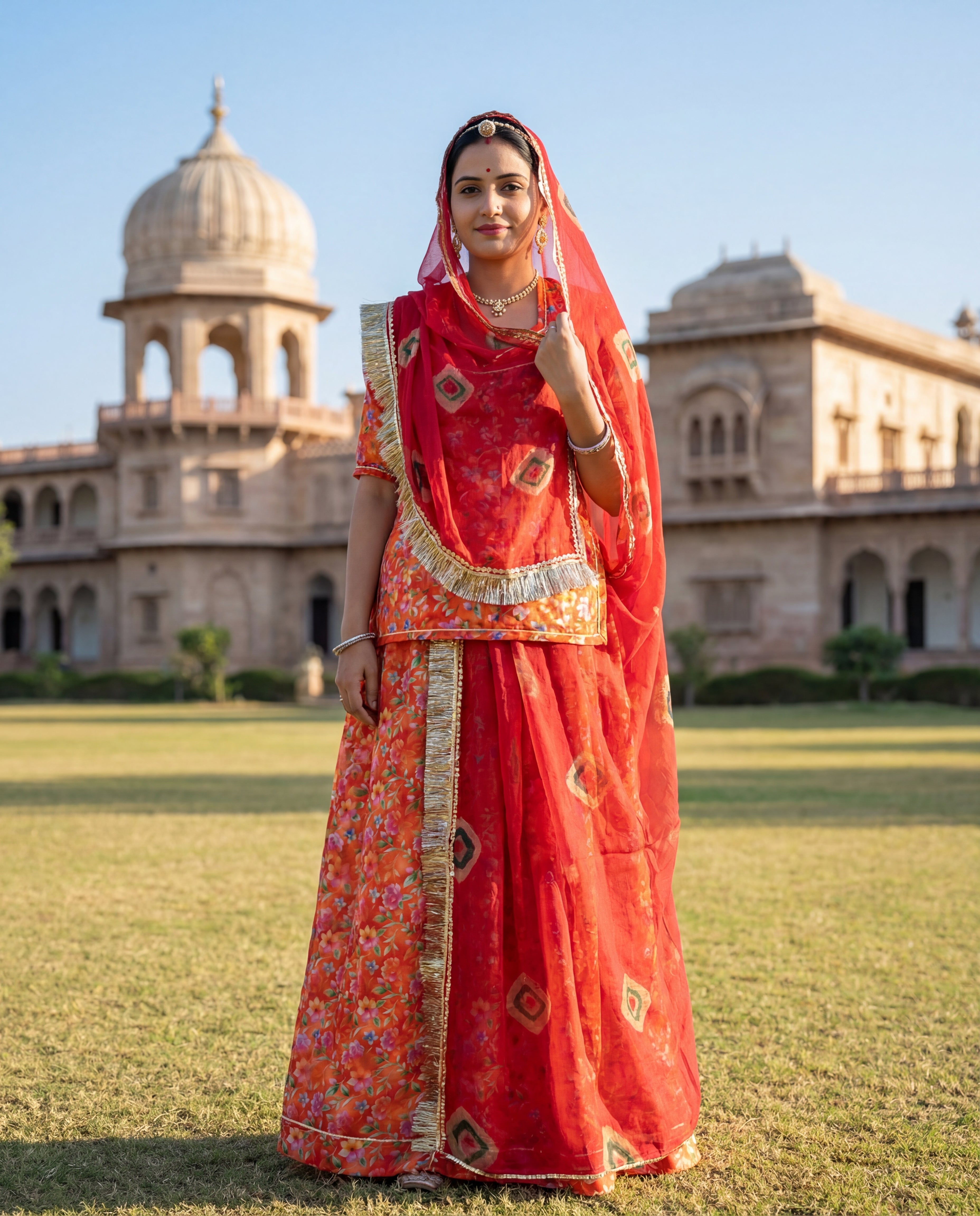 'Kesariya' - Vibrant Saffron Orange Floral Rajputi Suit Set + Deep Red Bandhani Odhani