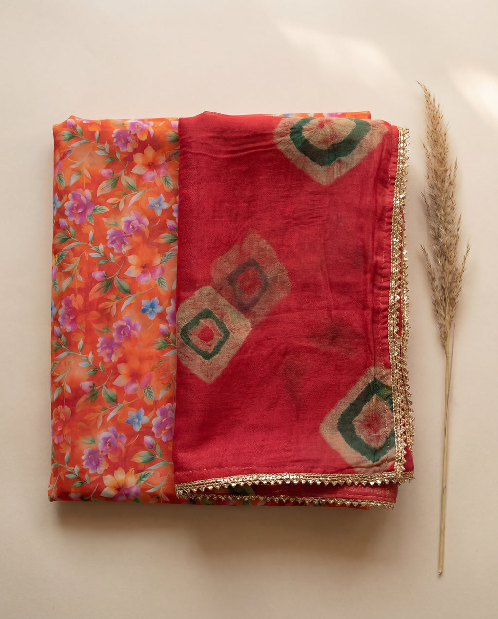 'Kesariya' - Vibrant Saffron Orange Floral Rajputi Suit Set + Deep Red Bandhani Odhani