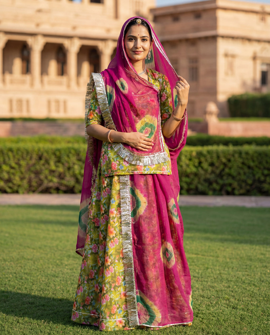 'Dhani' - Lime Green Floral Print Rajputi Suit Set + Magenta Shibori Odhani