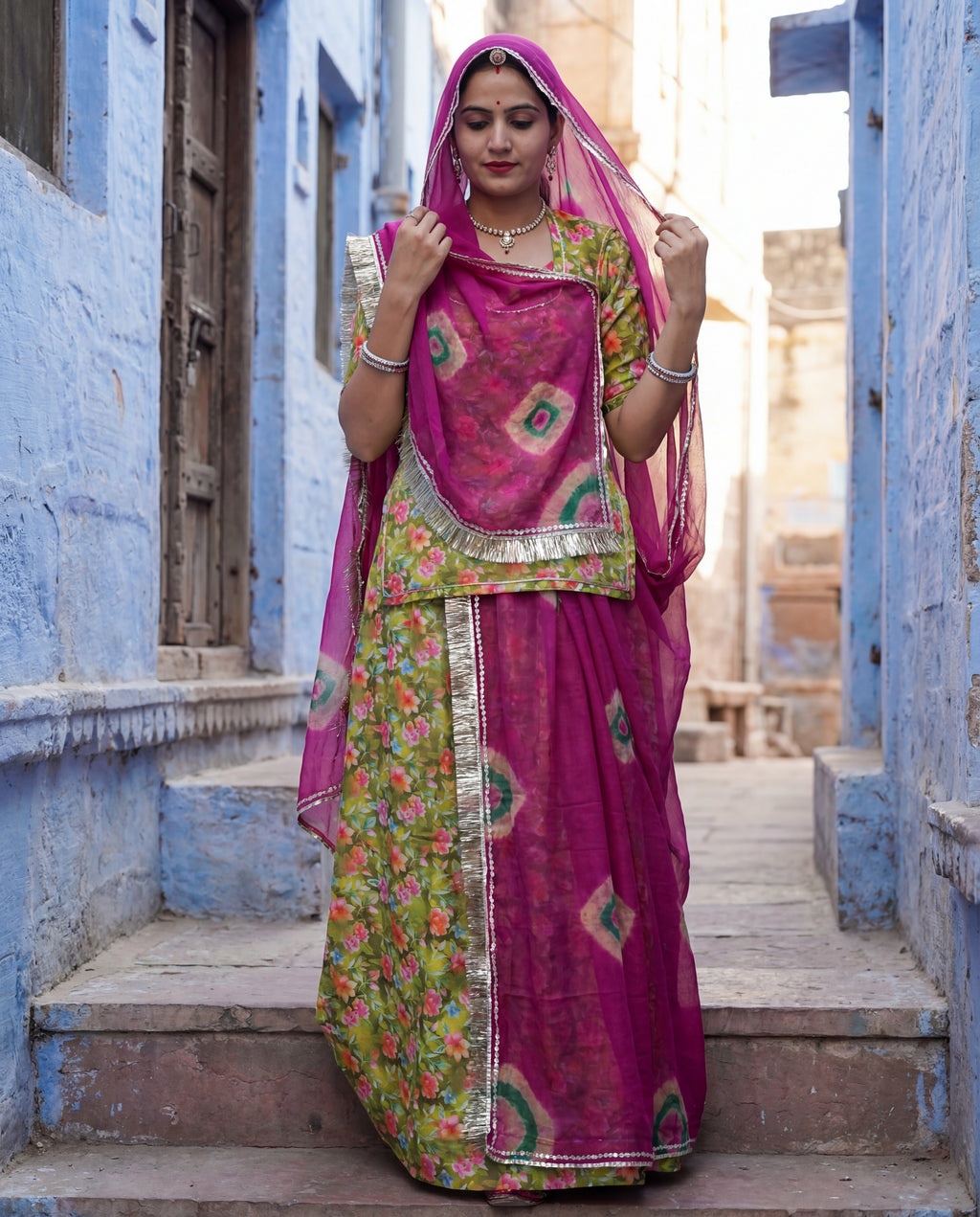 'Dhani' - Lime Green Floral Print Rajputi Suit Set + Magenta Shibori Odhani