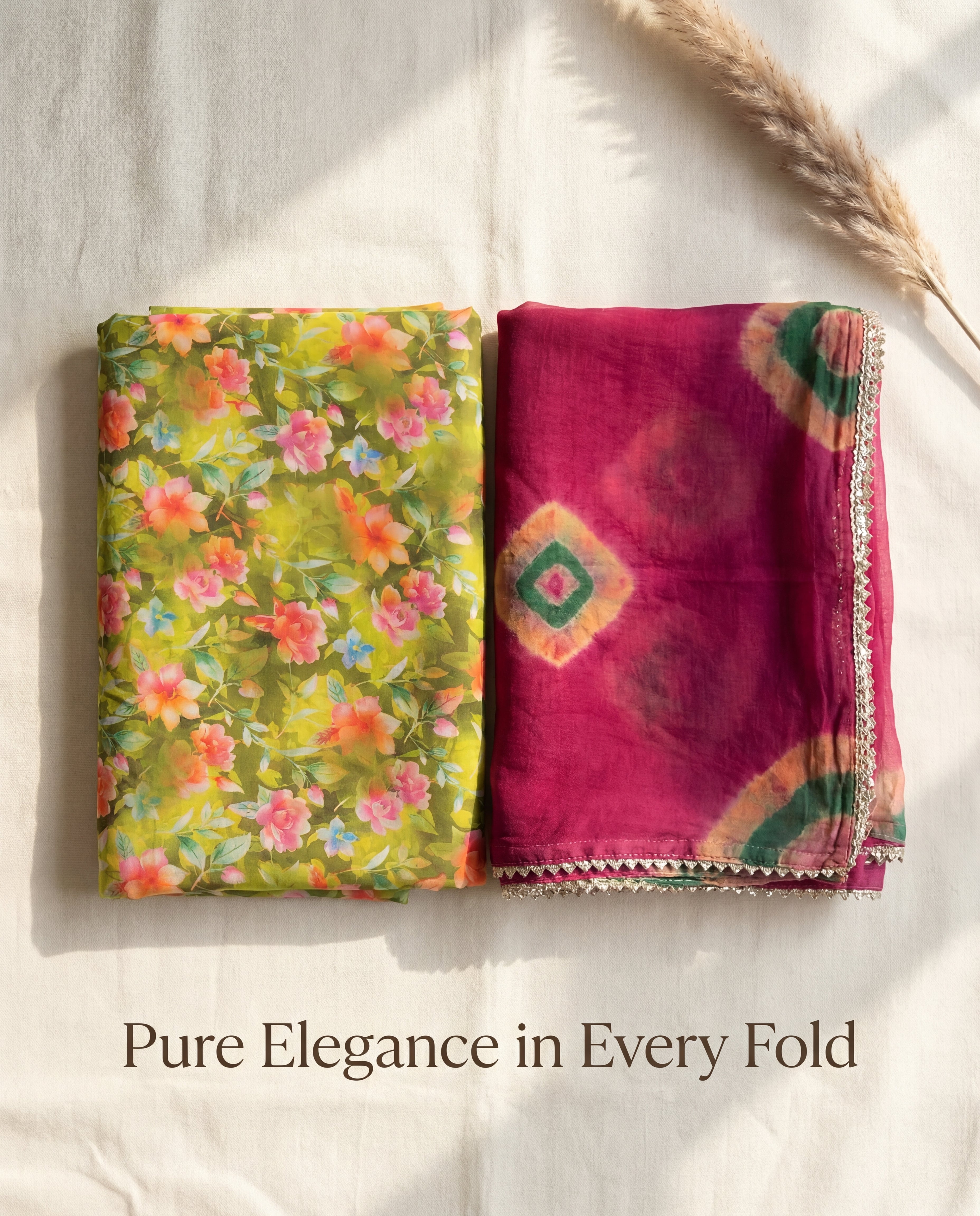 'Dhani' - Lime Green Floral Print Rajputi Suit Set + Magenta Shibori Odhani