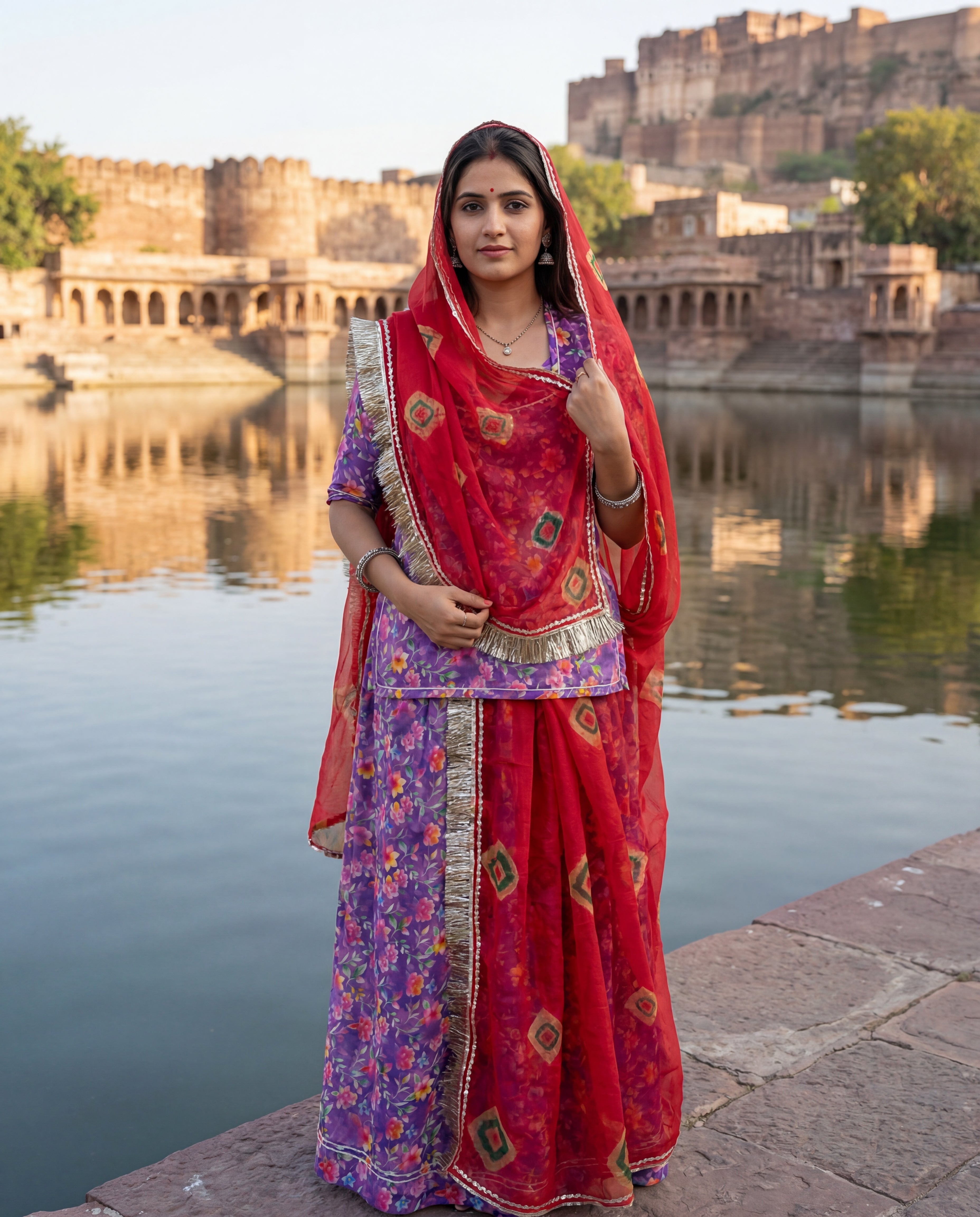 'Jamuni' - Deep Purple Floral Print Rajputi Suit Set + Red Bandhani Print Odhani