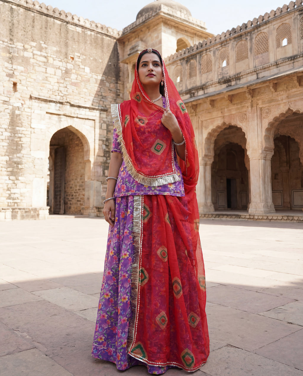 'Jamuni' - Deep Purple Floral Print Rajputi Suit Set + Red Bandhani Print Odhani