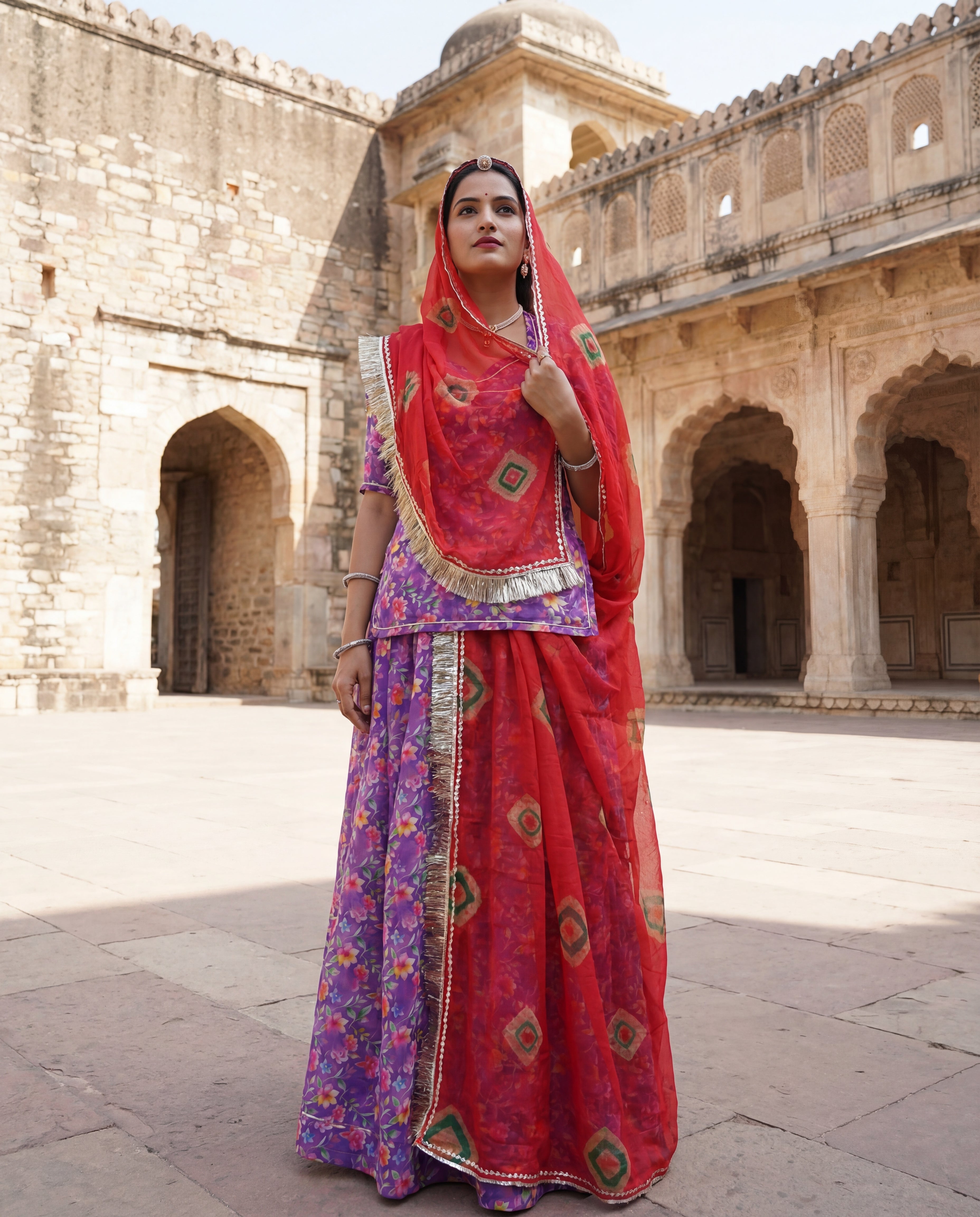 'Jamuni' - Deep Purple Floral Print Rajputi Suit Set + Red Bandhani Print Odhani