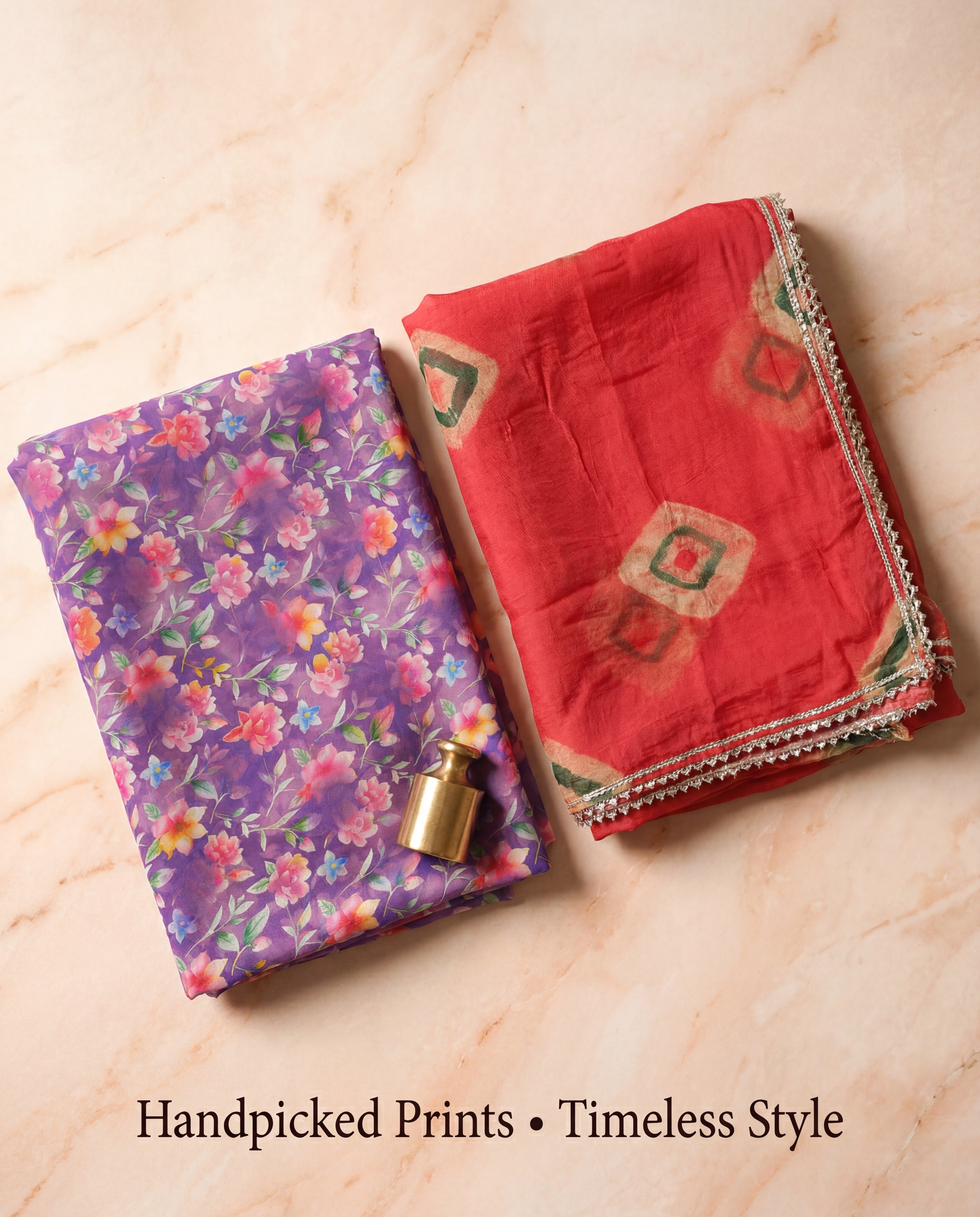 'Jamuni' - Deep Purple Floral Print Rajputi Suit Set + Red Bandhani Print Odhani