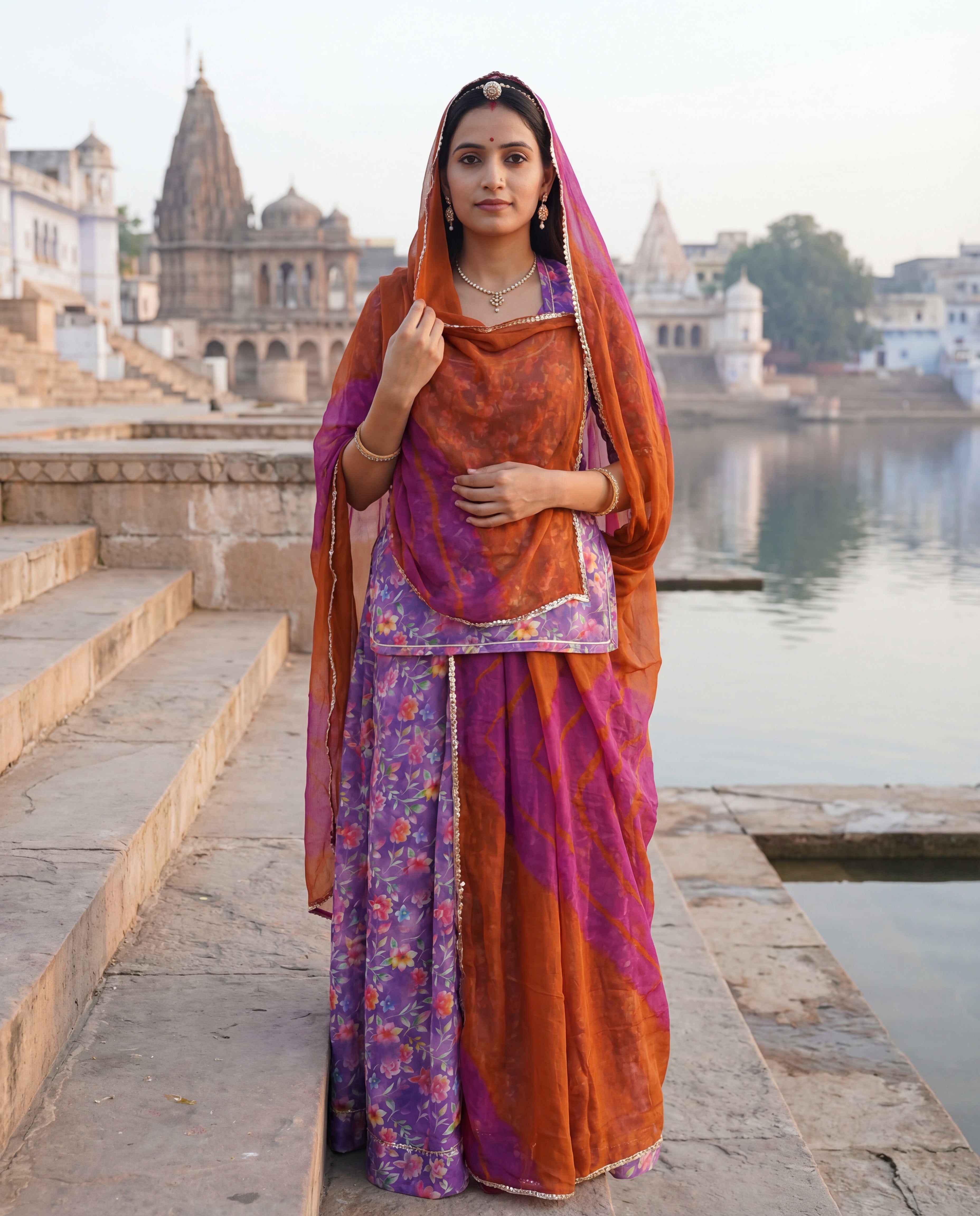 'Jamuni Bahaar' - Deep Purple Floral Print Rajputi Suit Set + Rust Orange Odhani