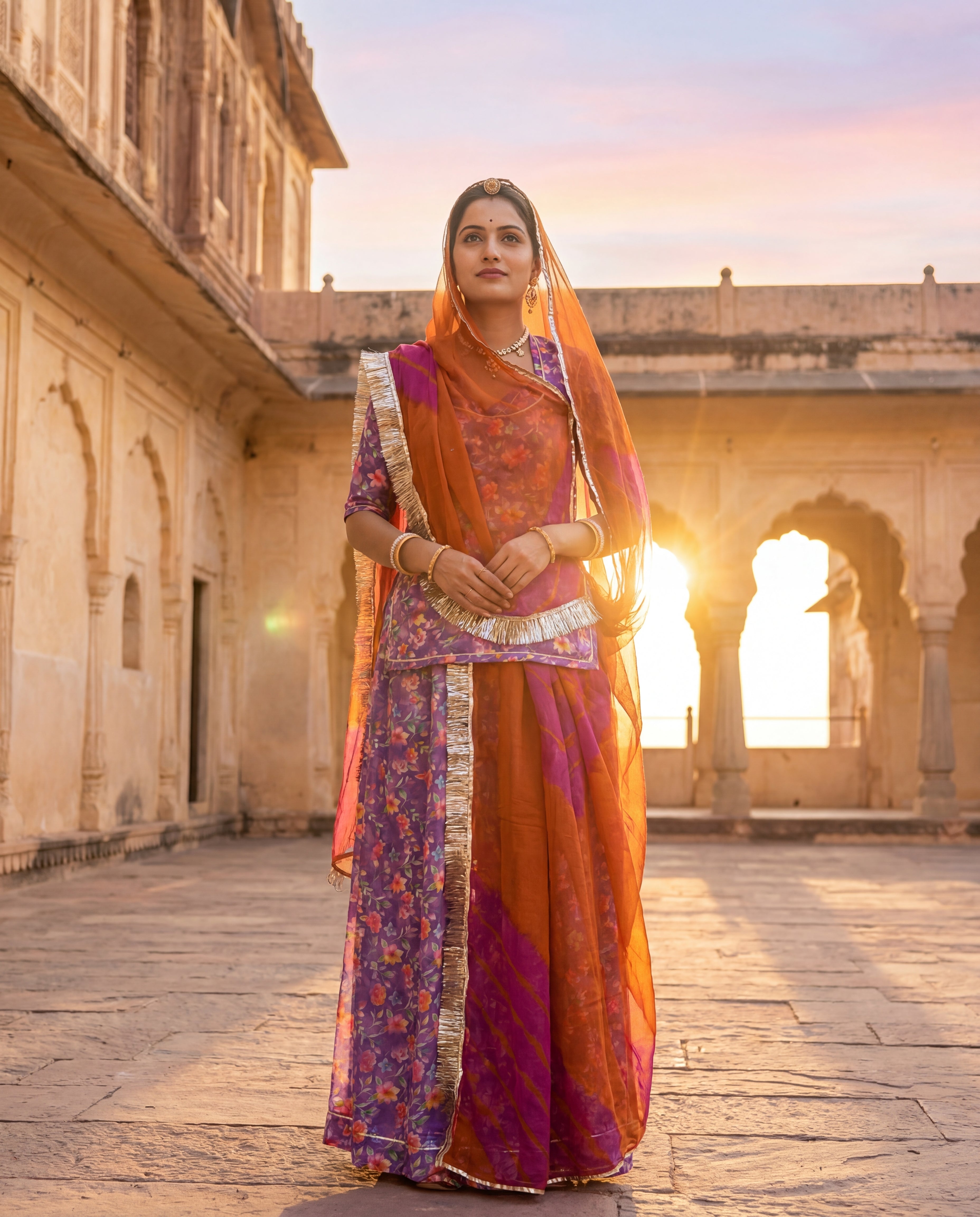 'Jamuni Bahaar' - Deep Purple Floral Print Rajputi Suit Set + Rust Orange Odhani
