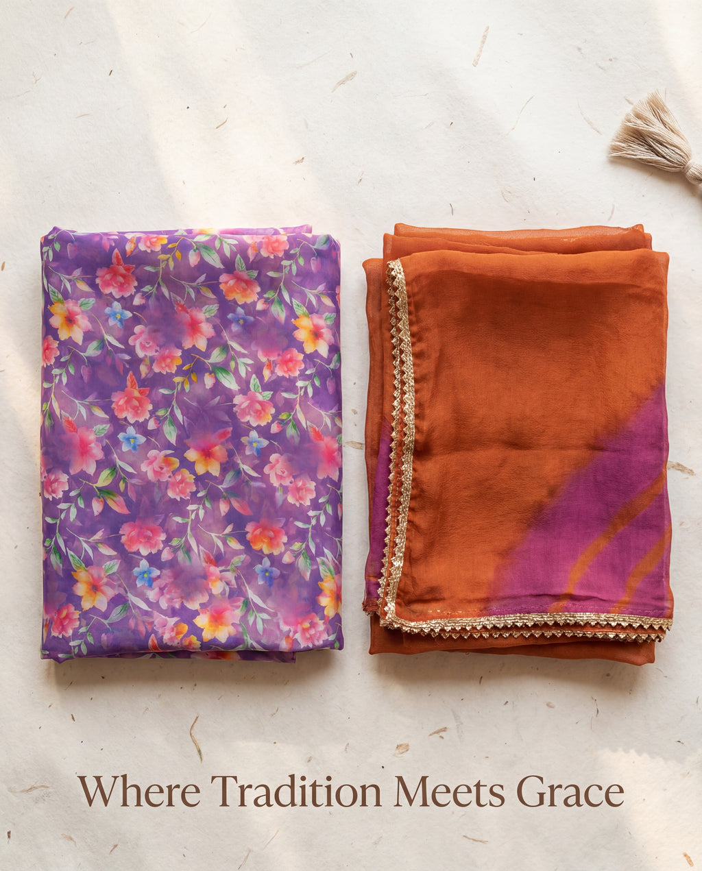 'Jamuni Bahaar' - Deep Purple Floral Print Rajputi Suit Set + Rust Orange Odhani