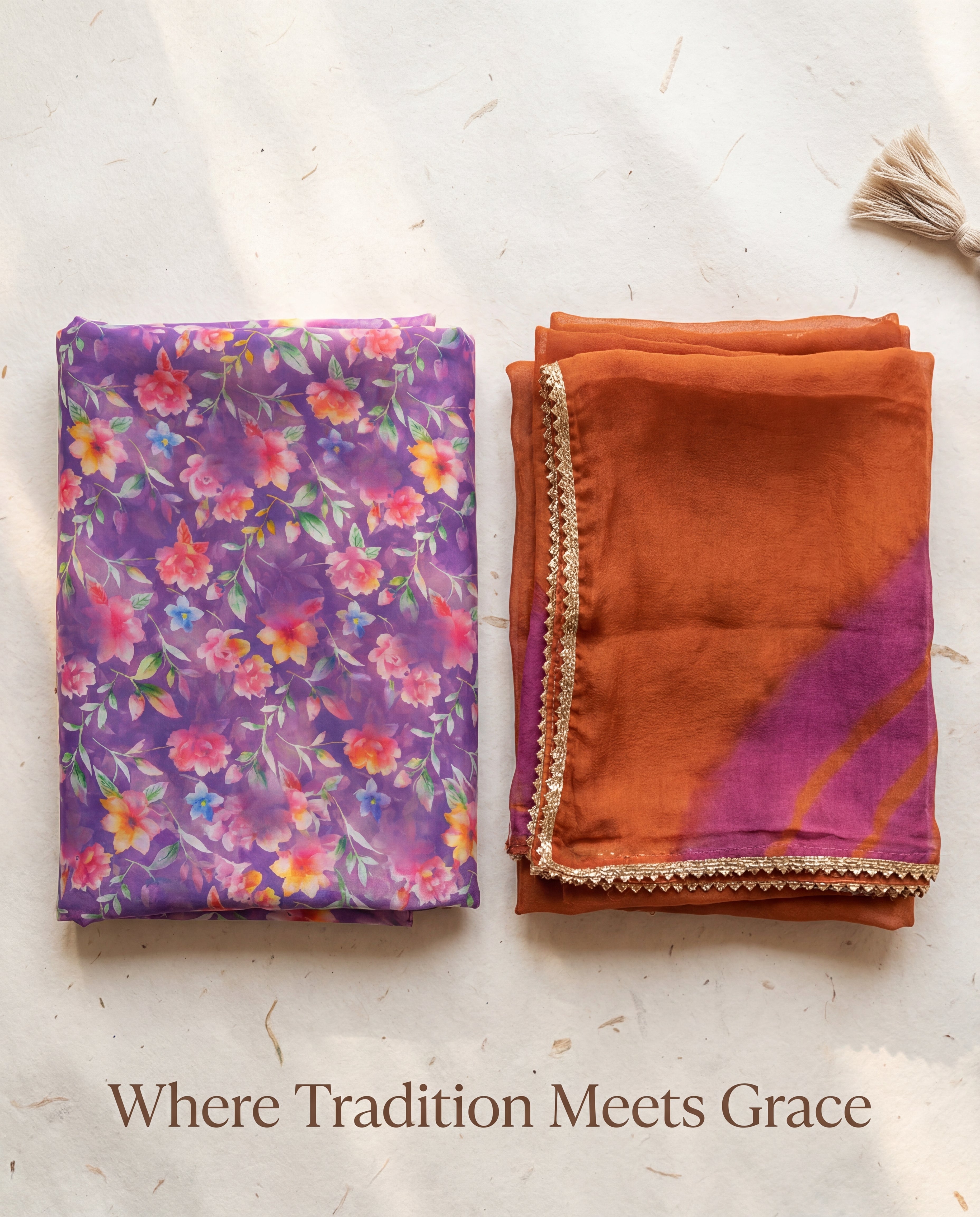 'Jamuni Bahaar' - Deep Purple Floral Print Rajputi Suit Set + Rust Orange Odhani