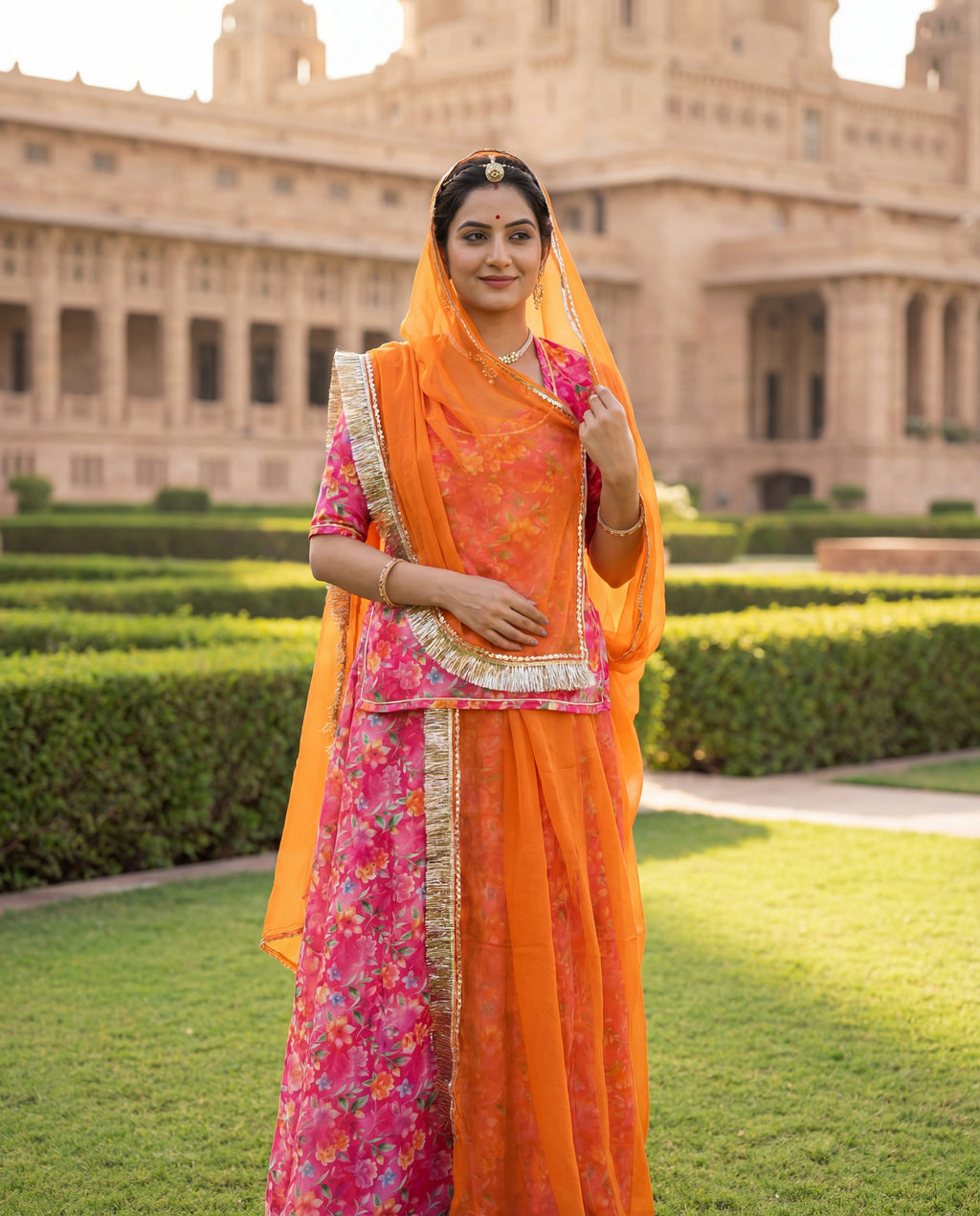'Phulwari' - Hot Pink Floral Rajputi Suit Set + Kesariya Orange Odhani