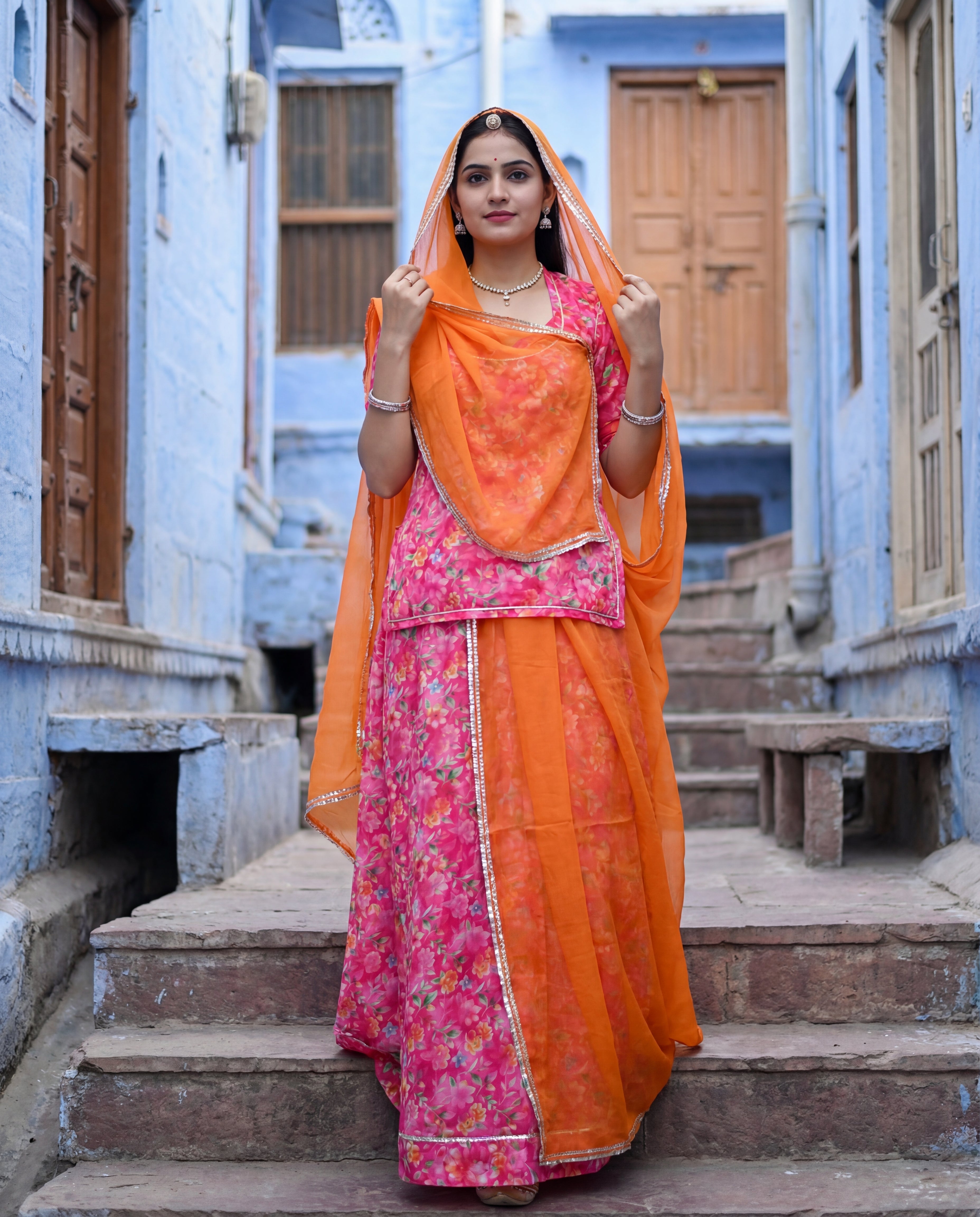 'Phulwari' - Hot Pink Floral Rajputi Suit Set + Kesariya Orange Odhani
