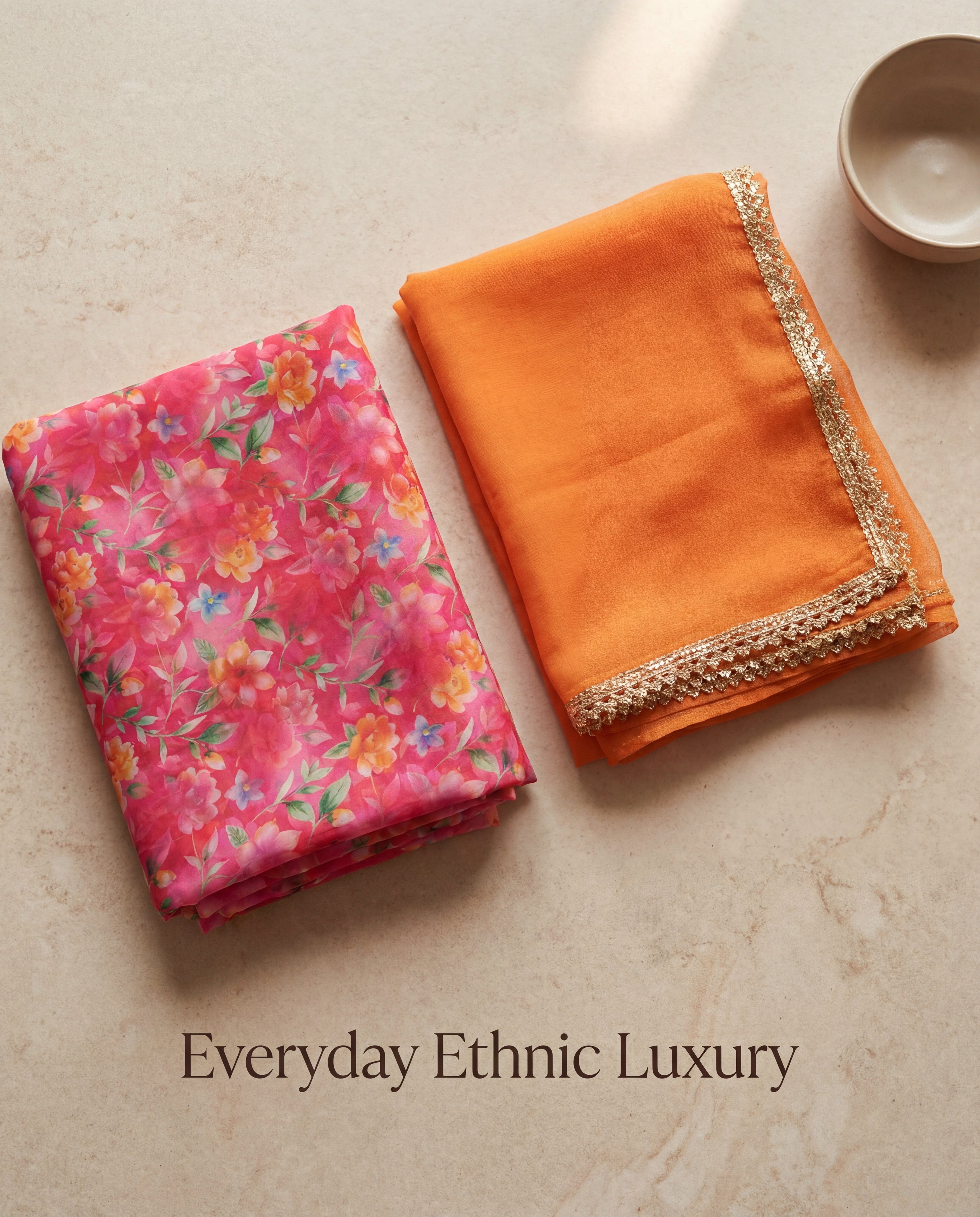 'Phulwari' - Hot Pink Floral Rajputi Suit Set + Kesariya Orange Odhani