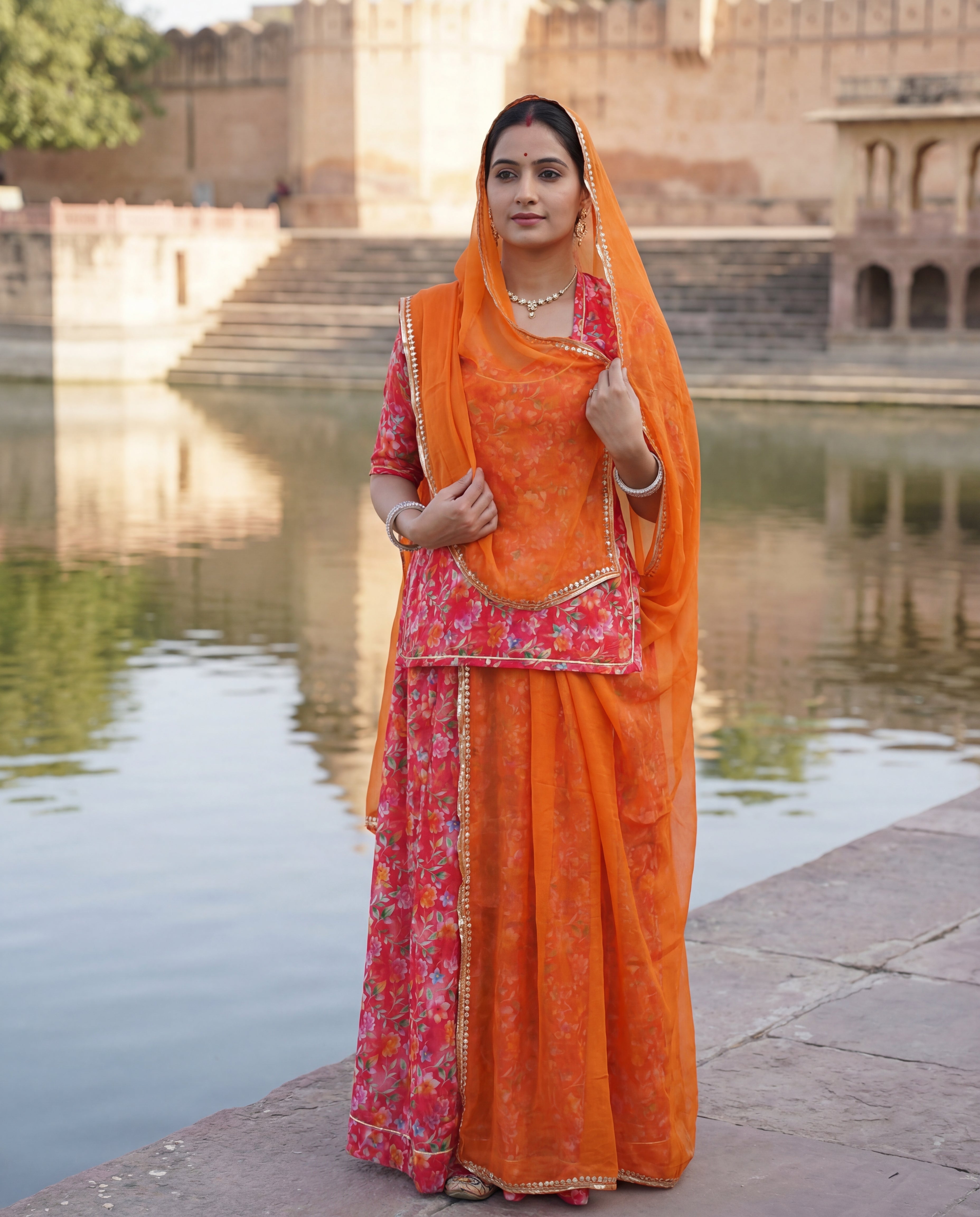 'Kesariya Baugh' - Red & Orange Floral Rajputi Suit Set + Contrast Orange Odhani