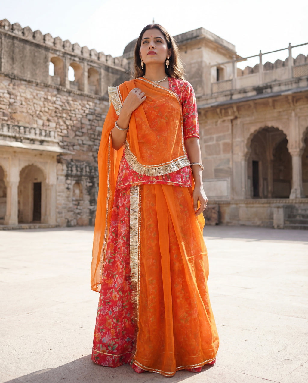 'Kesariya Baugh' - Red & Orange Floral Rajputi Suit Set + Contrast Orange Odhani