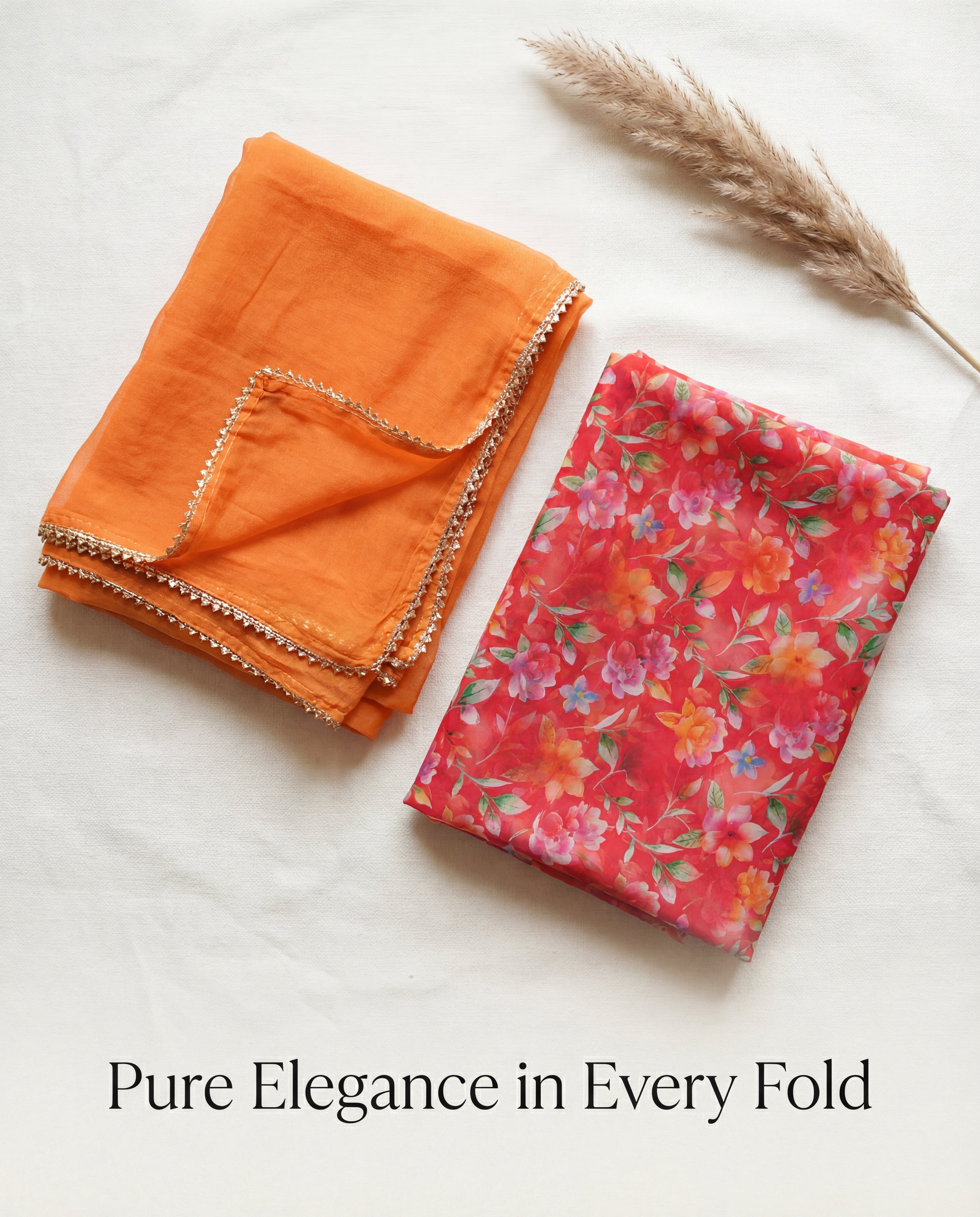 'Kesariya Baugh' - Red & Orange Floral Rajputi Suit Set + Contrast Orange Odhani