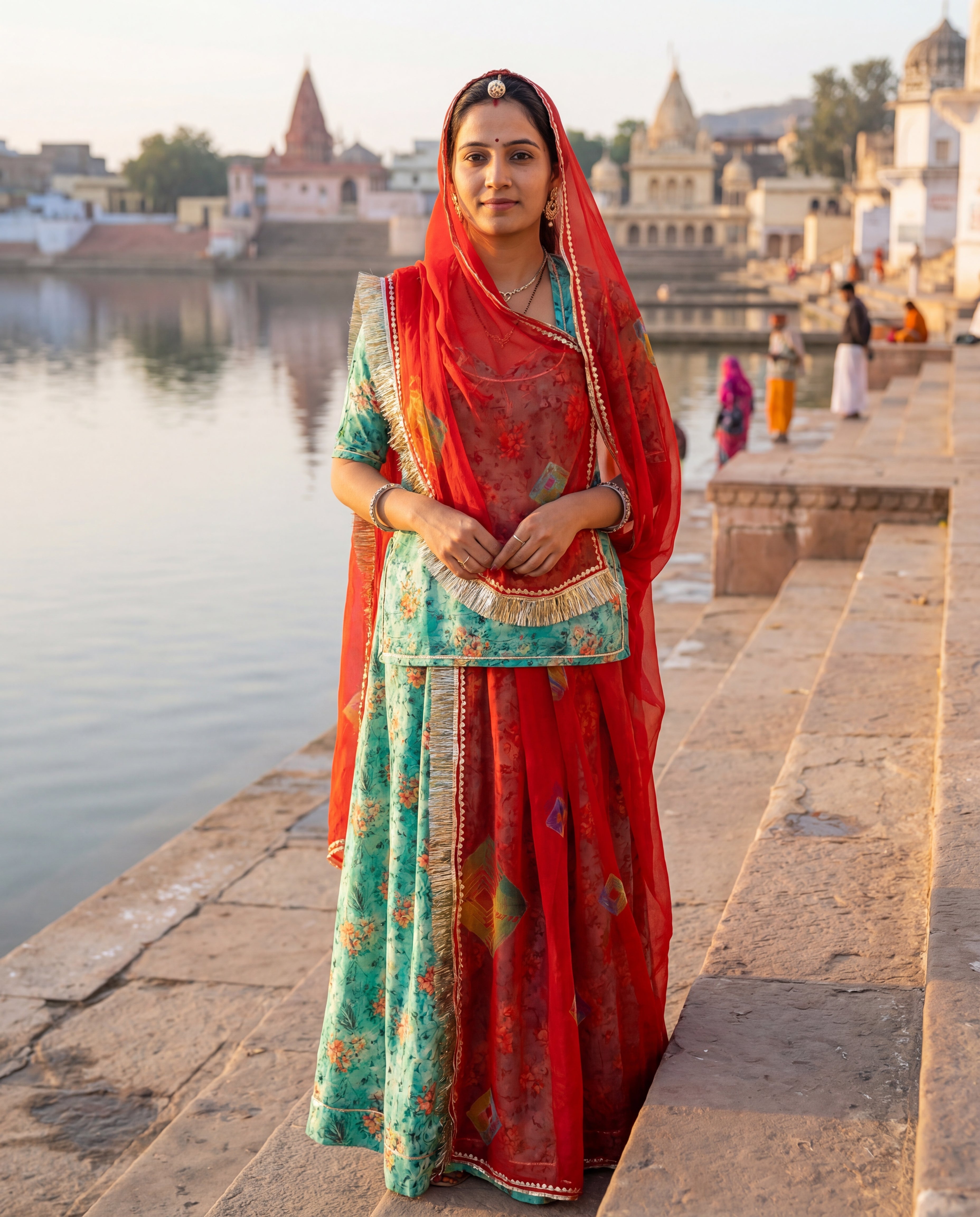 'Firoza' - Teal Green Floral Print Rajputi Suit Set + Red Bandhani Print Odhani