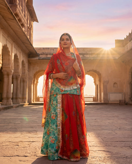 'Firoza' - Teal Green Floral Print Rajputi Suit Set + Red Bandhani Print Odhani