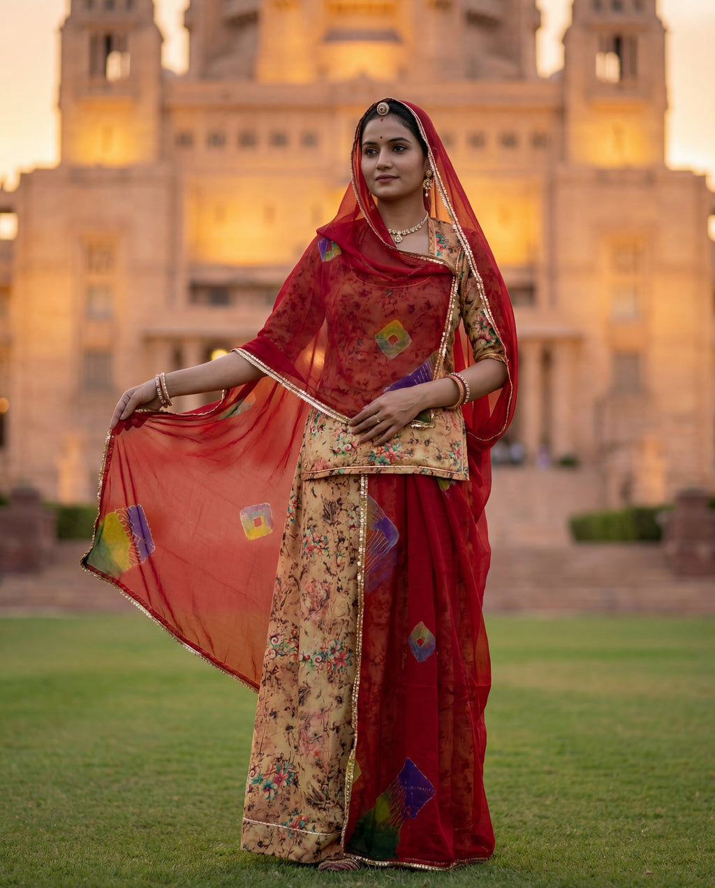 'Kanak' - Mustard Beige Floral Print Rajputi Suit Set + Deep Red Odhani