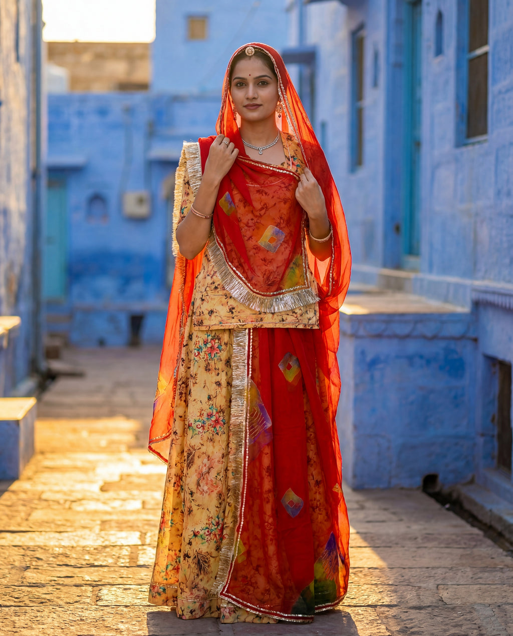 'Kanak' - Mustard Beige Floral Print Rajputi Suit Set + Deep Red Odhani