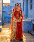 'Kanak' - Mustard Beige Floral Print Rajputi Suit Set + Deep Red Odhani