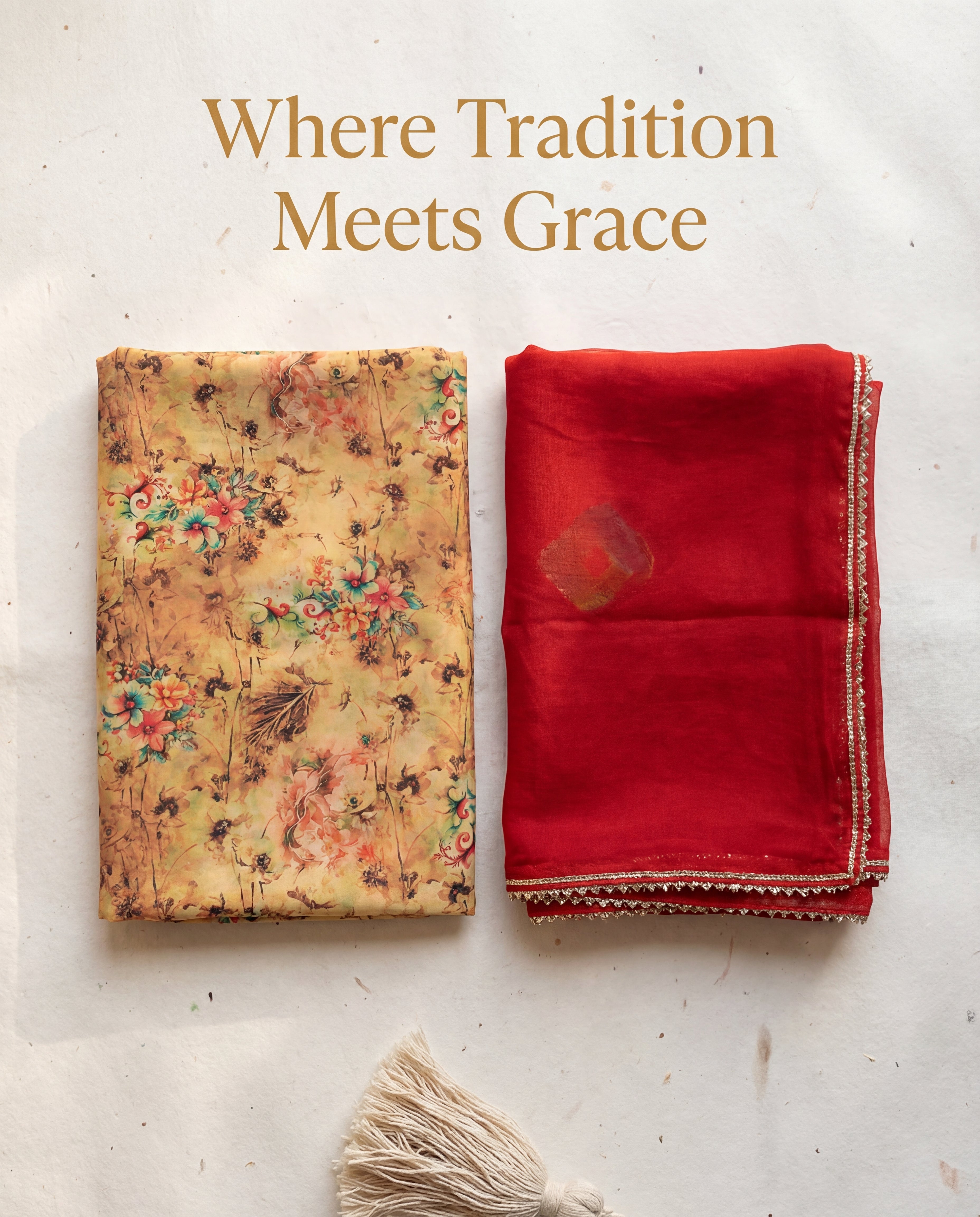 'Kanak' - Mustard Beige Floral Print Rajputi Suit Set + Deep Red Odhani