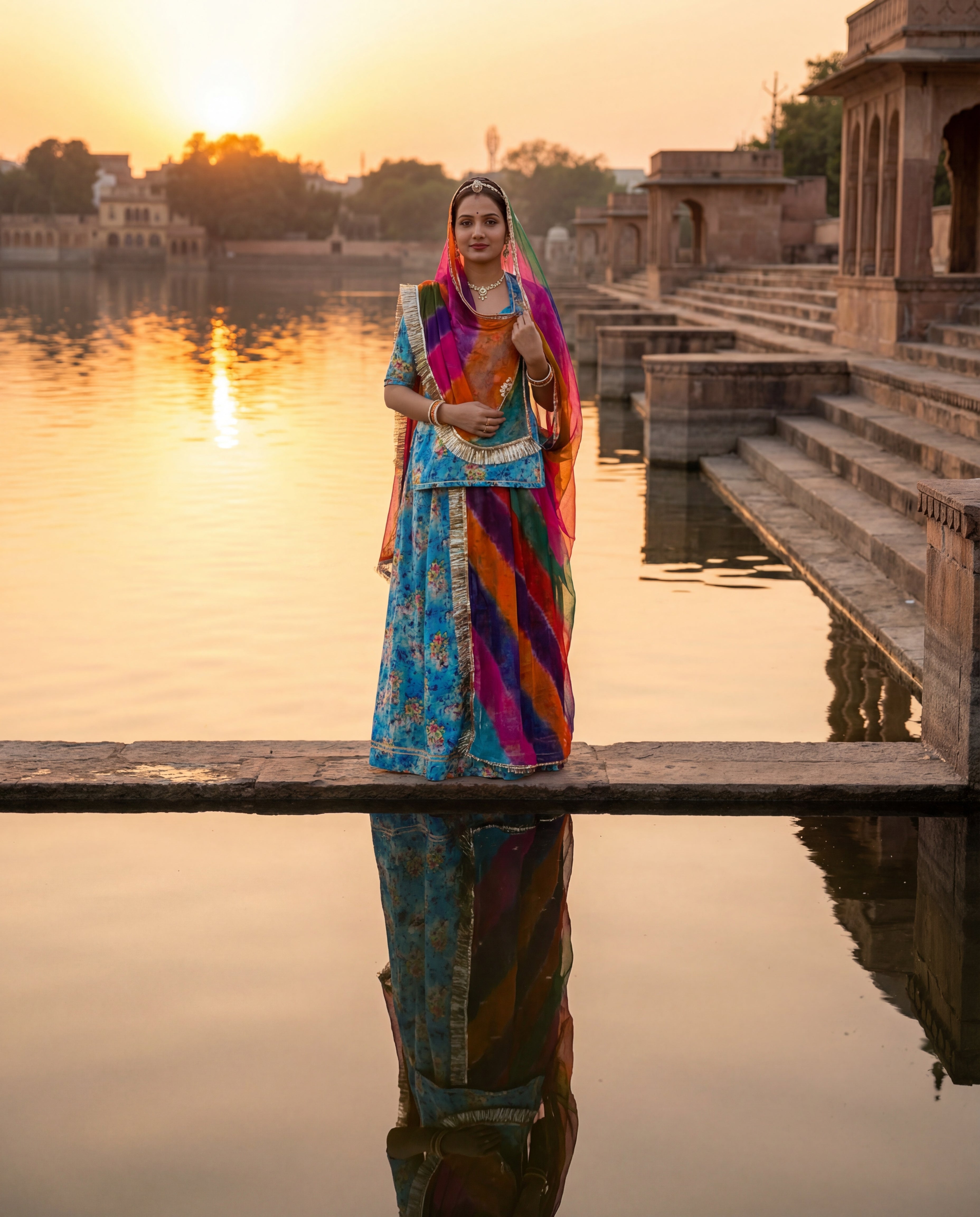 'Neelam Bagh' - Sky Blue Floral Print Rajputi Suit Set + Multi-Color Leheriya Odhani