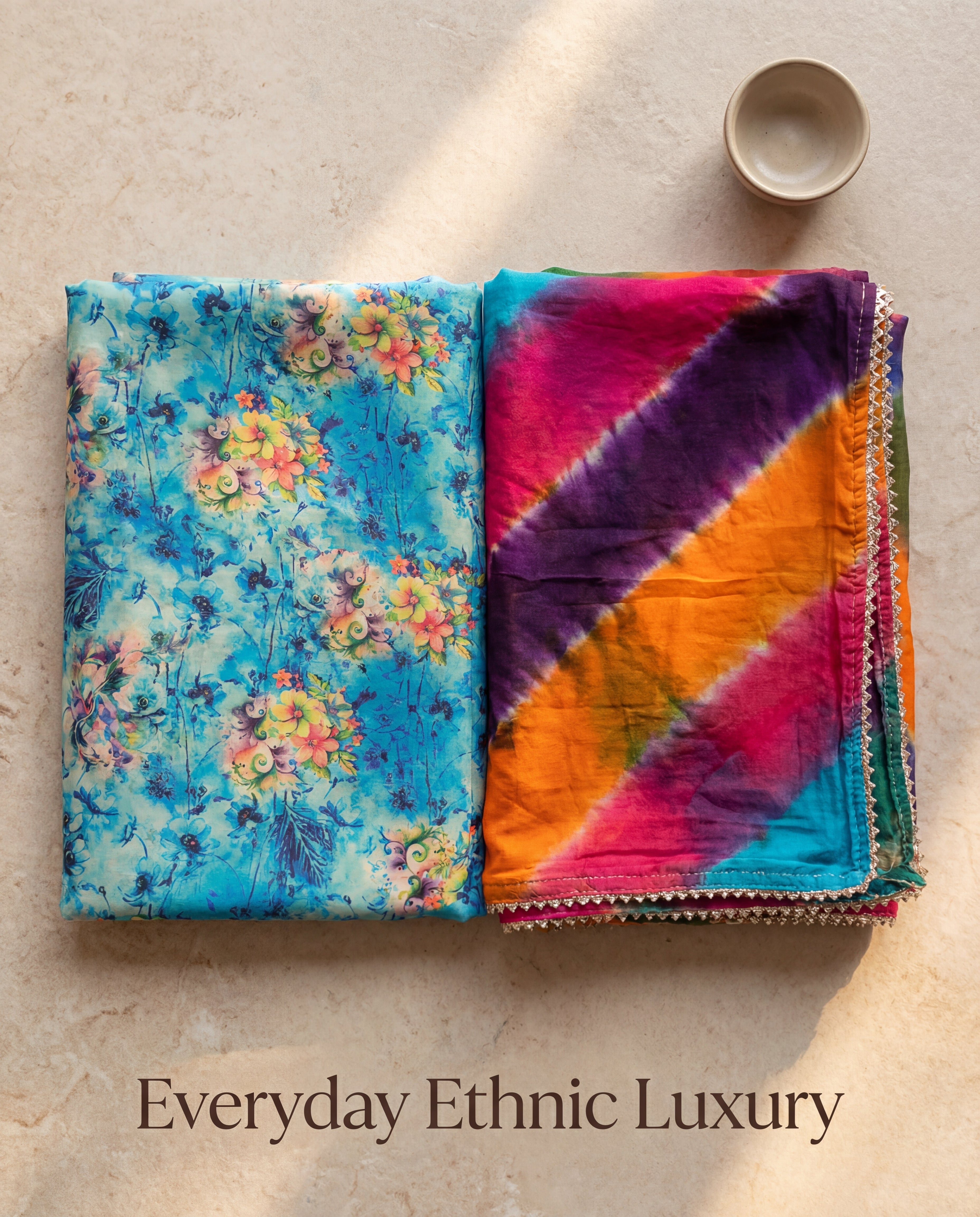 'Neelam Bagh' - Sky Blue Floral Print Rajputi Suit Set + Multi-Color Leheriya Odhani