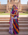 Banafsha' - Lavender Purple Floral Print Rajputi Suit Set + Multi-Color Panchrangi Odhani