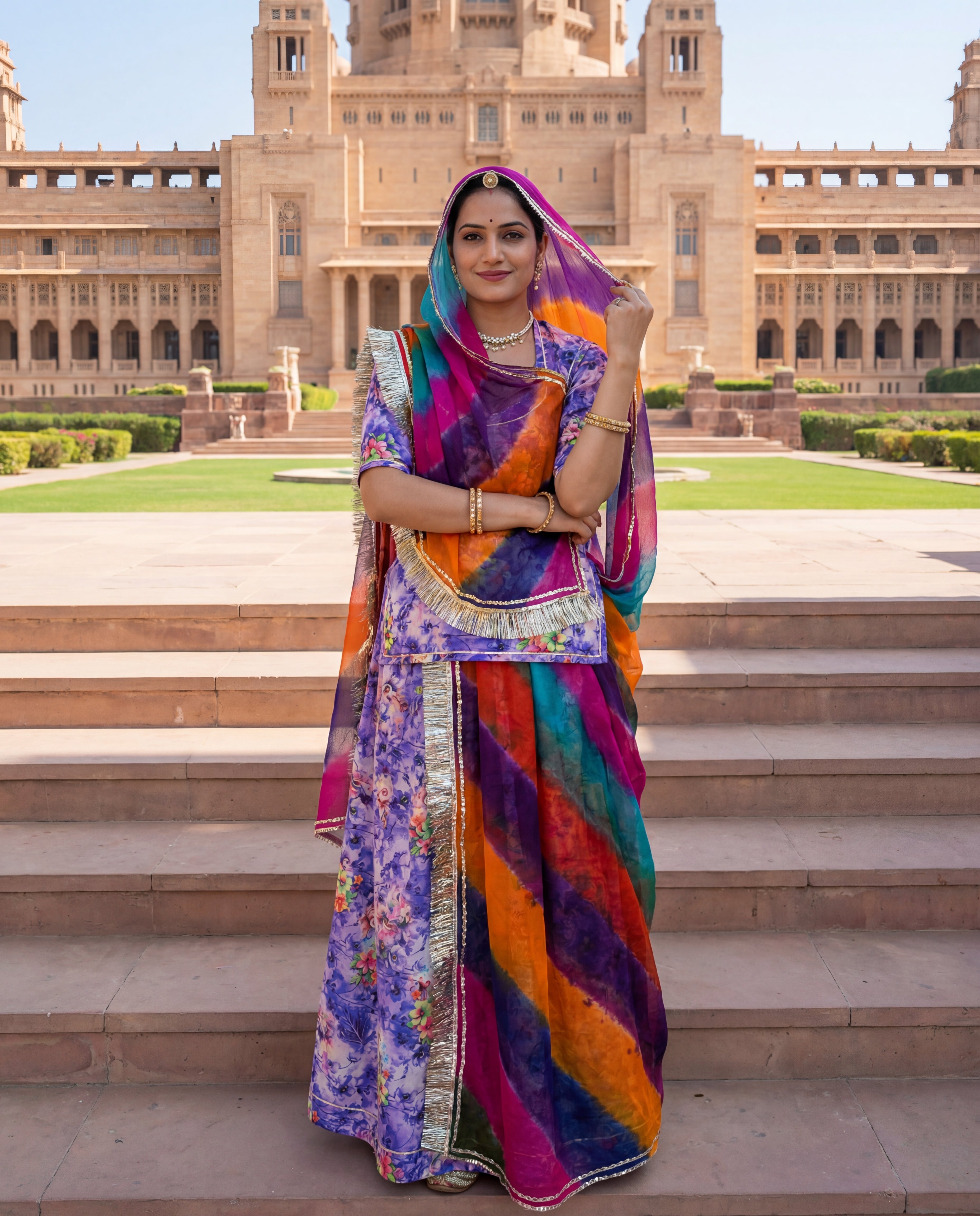 Banafsha' - Lavender Purple Floral Print Rajputi Suit Set + Multi-Color Panchrangi Odhani