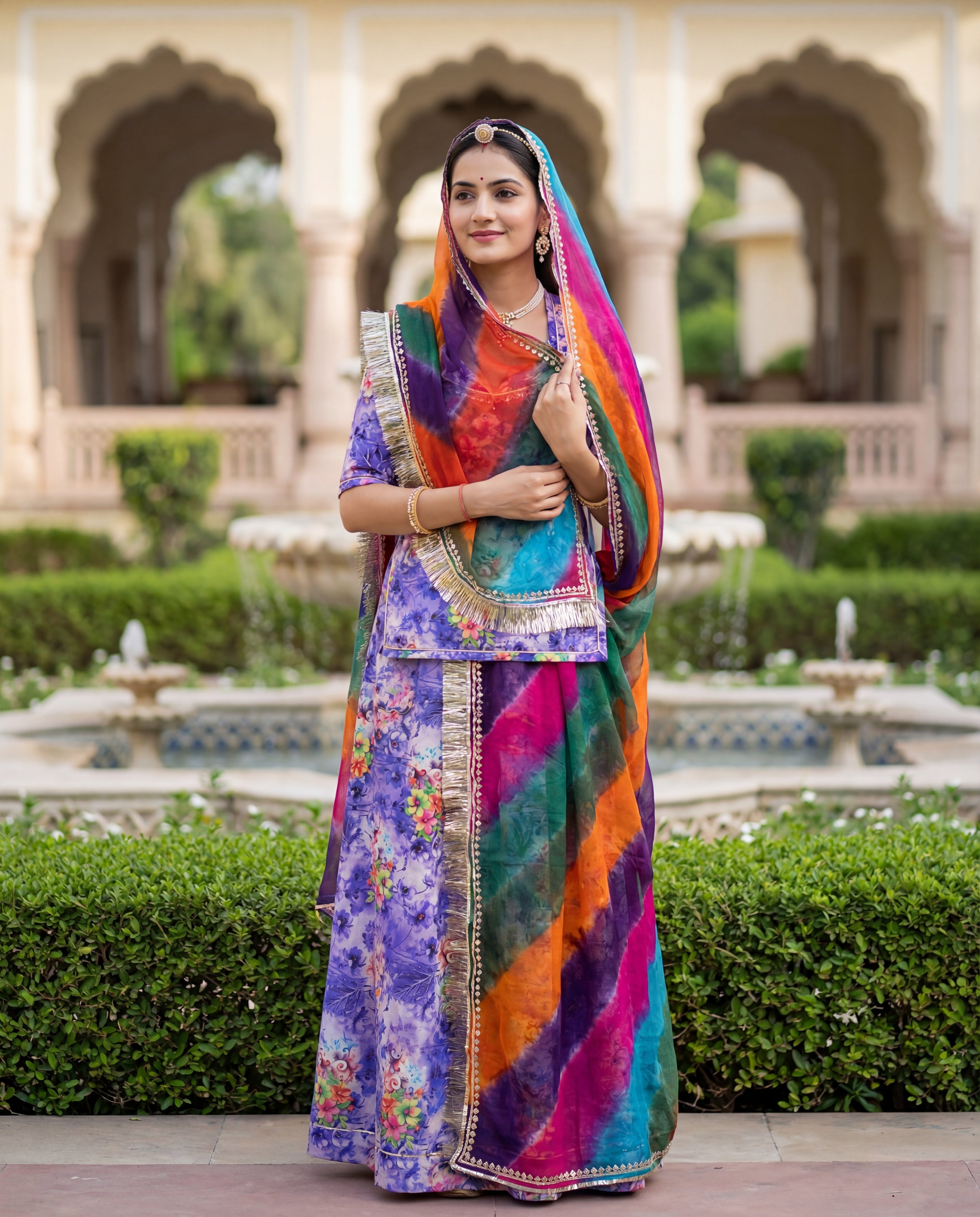 Banafsha' - Lavender Purple Floral Print Rajputi Suit Set + Multi-Color Panchrangi Odhani