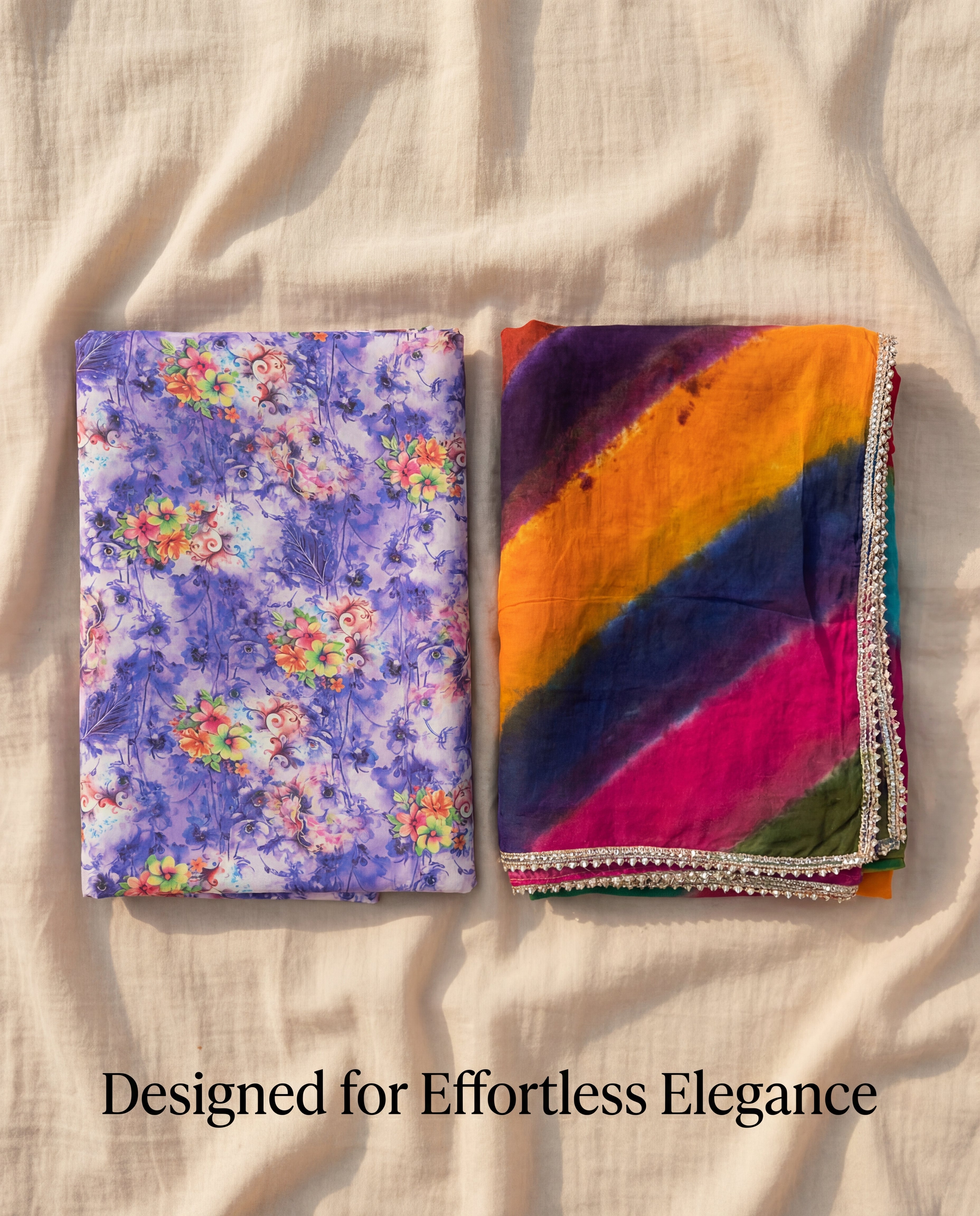 Banafsha' - Lavender Purple Floral Print Rajputi Suit Set + Multi-Color Panchrangi Odhani