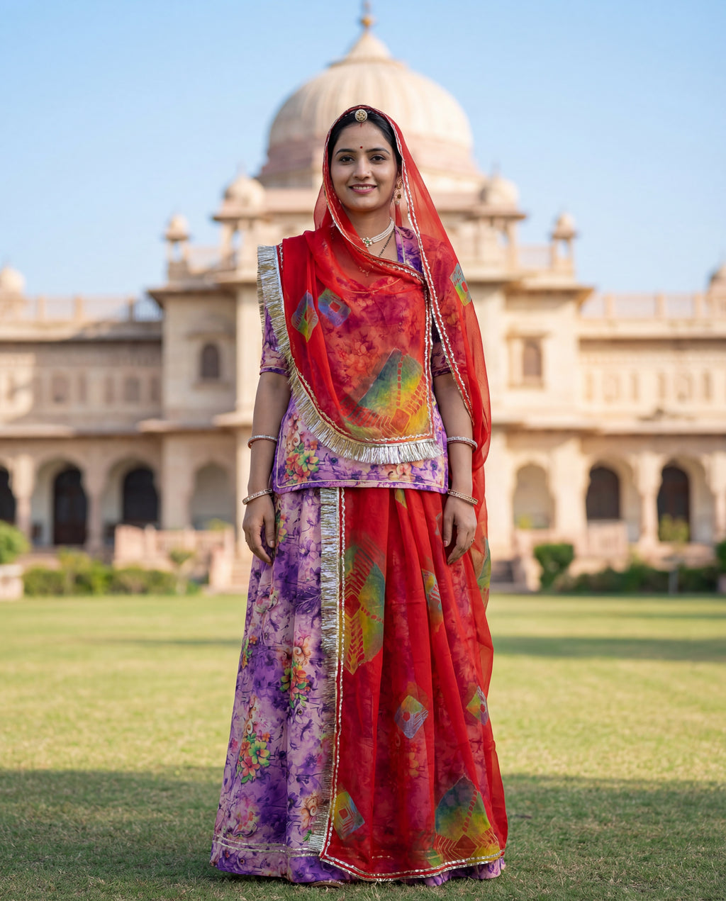 'Jamuni Bagh' - Lavender Floral Print Rajputi Suit Set + Deep Saffron Odhani