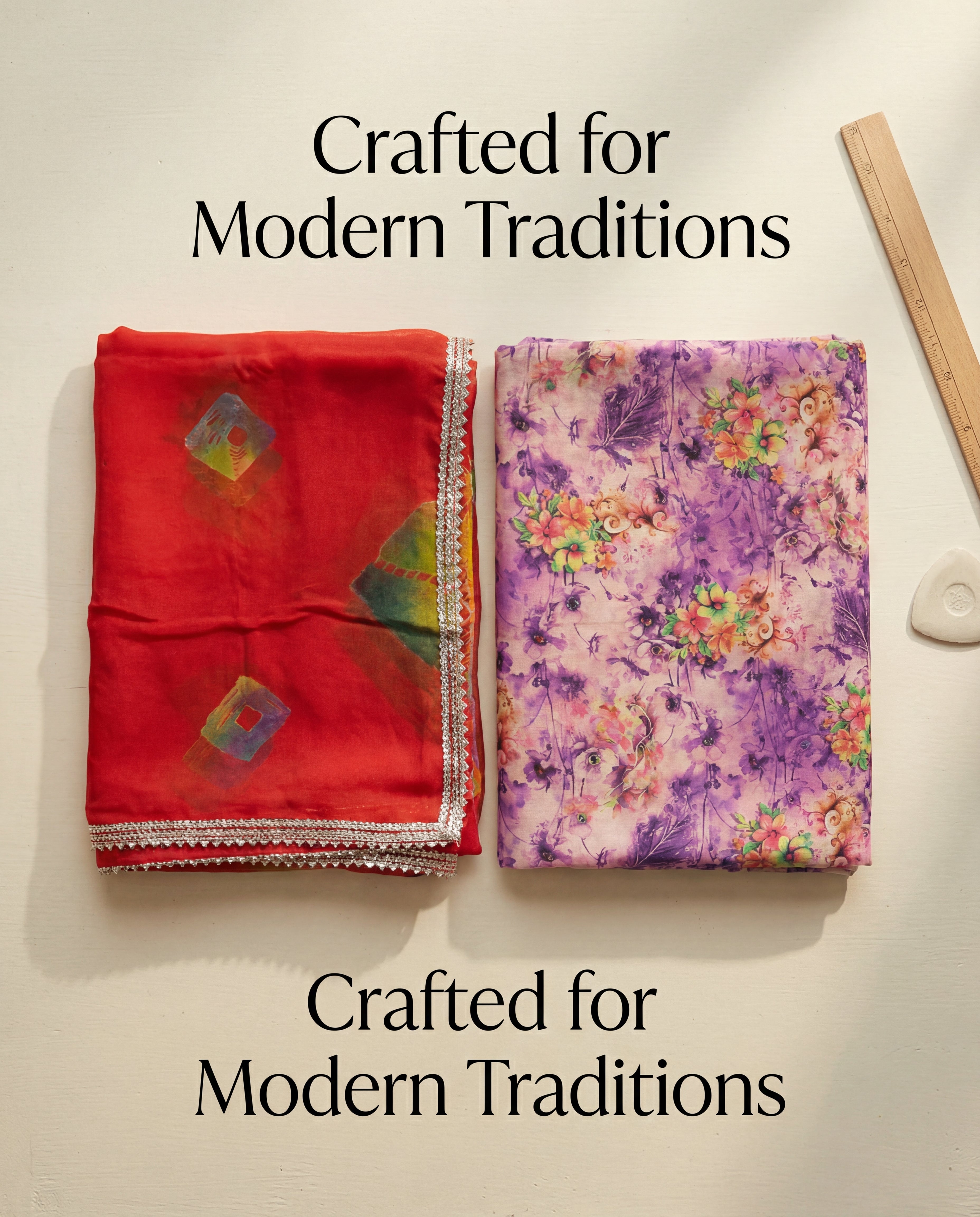 'Jamuni Bagh' - Lavender Floral Print Rajputi Suit Set + Deep Saffron Odhani