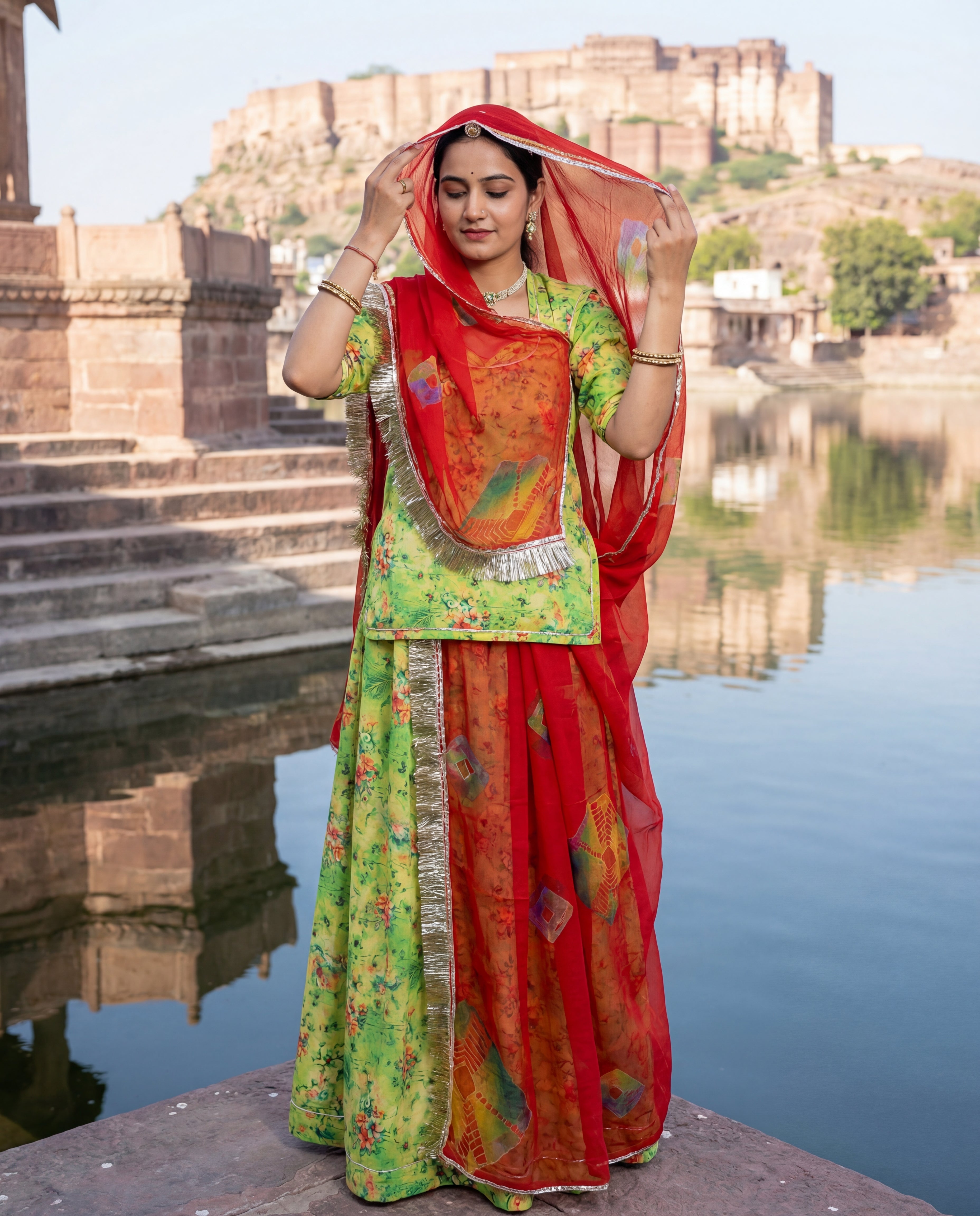 'Vasant' - Parrot Green Floral Rajputi Suit Set + Red Odhani