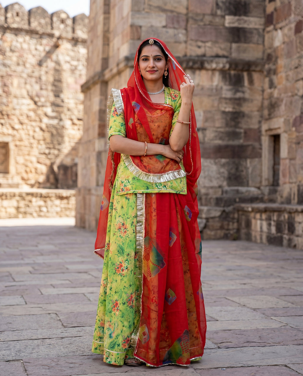 'Vasant' - Parrot Green Floral Rajputi Suit Set + Red Odhani