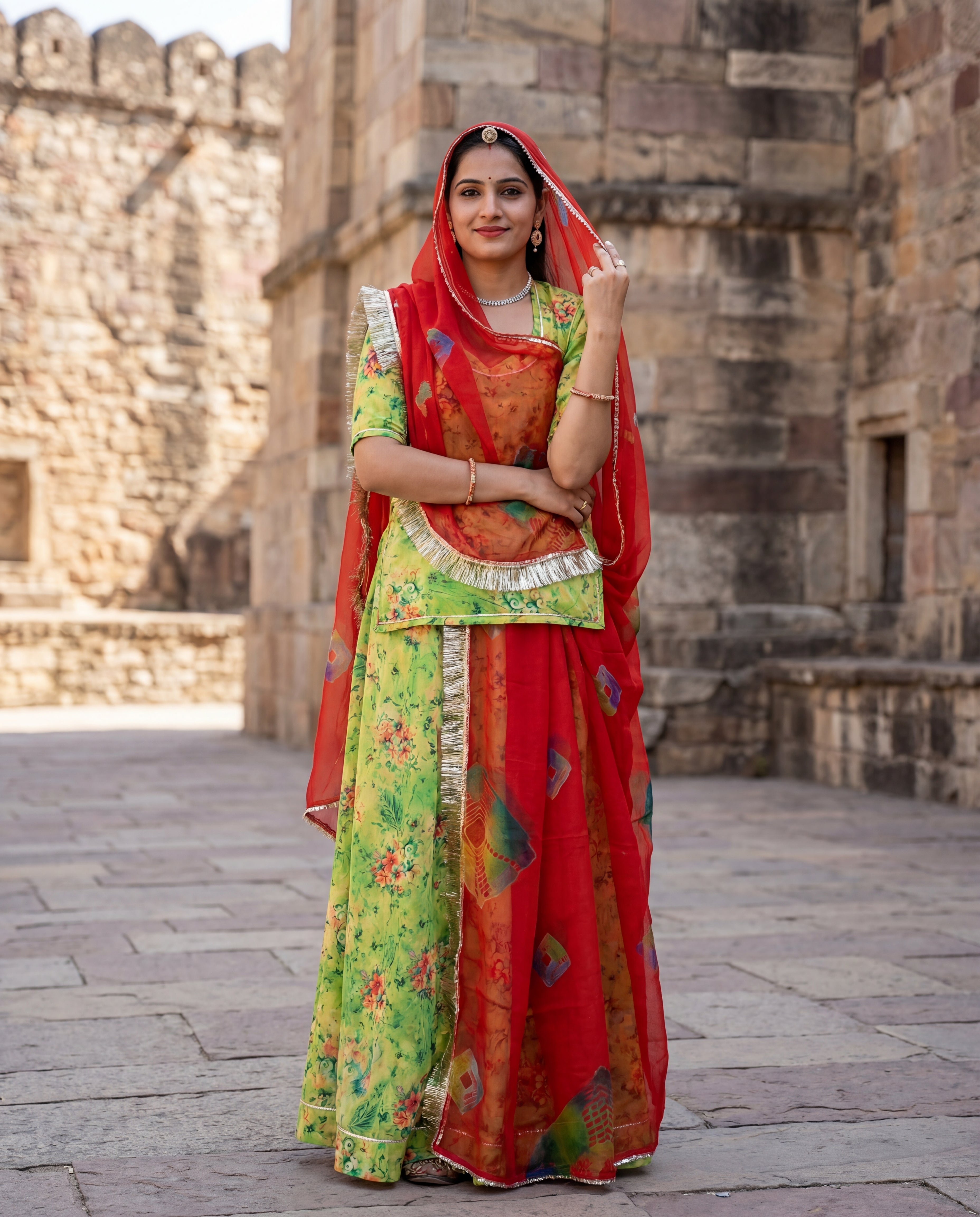 'Vasant' - Parrot Green Floral Rajputi Suit Set + Red Odhani