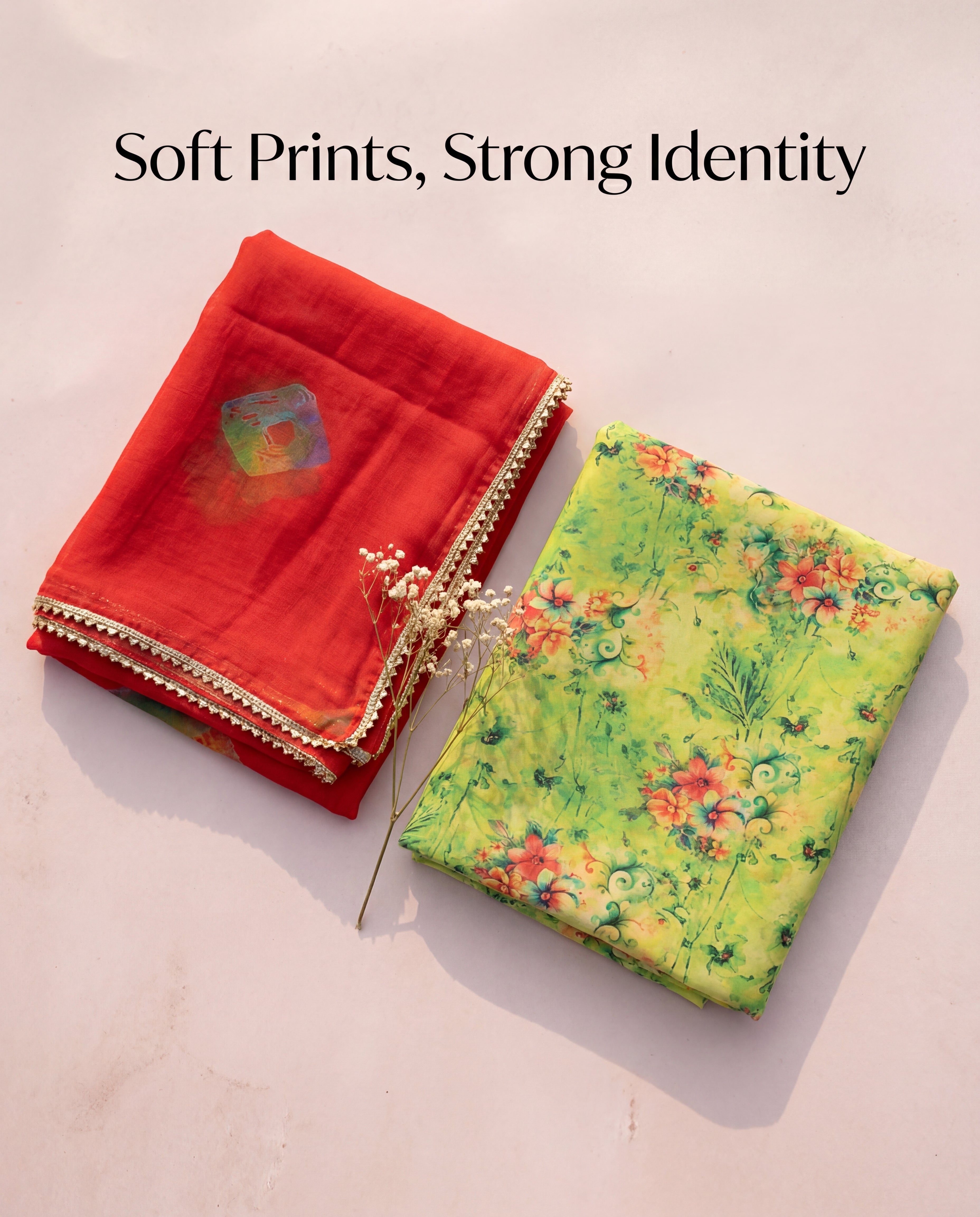 'Vasant' - Parrot Green Floral Rajputi Suit Set + Red Odhani