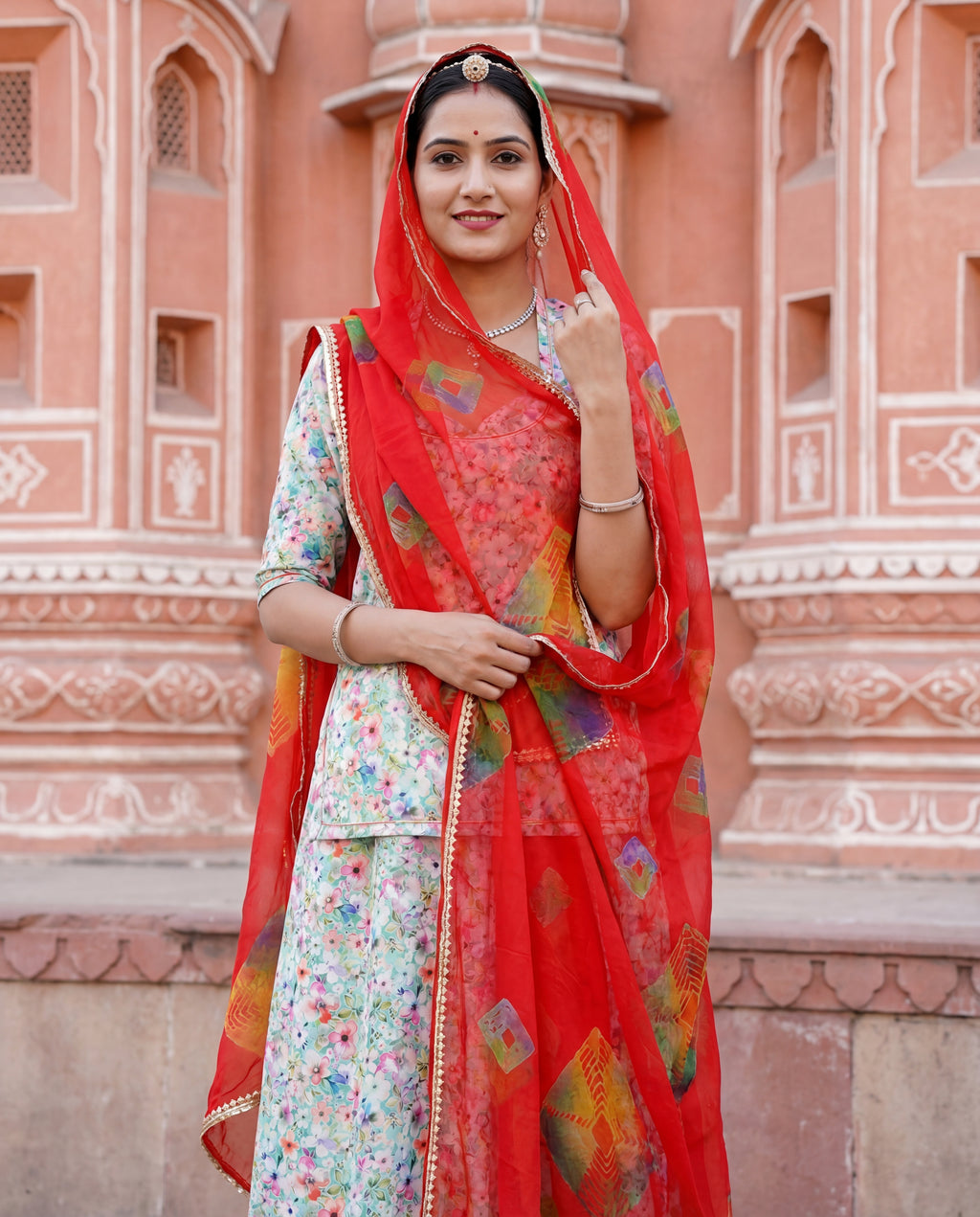 'Firoza Bahaar' - Seafoam Green Floral Print Rajputi Suit Set + Deep Red Contrast Odhani