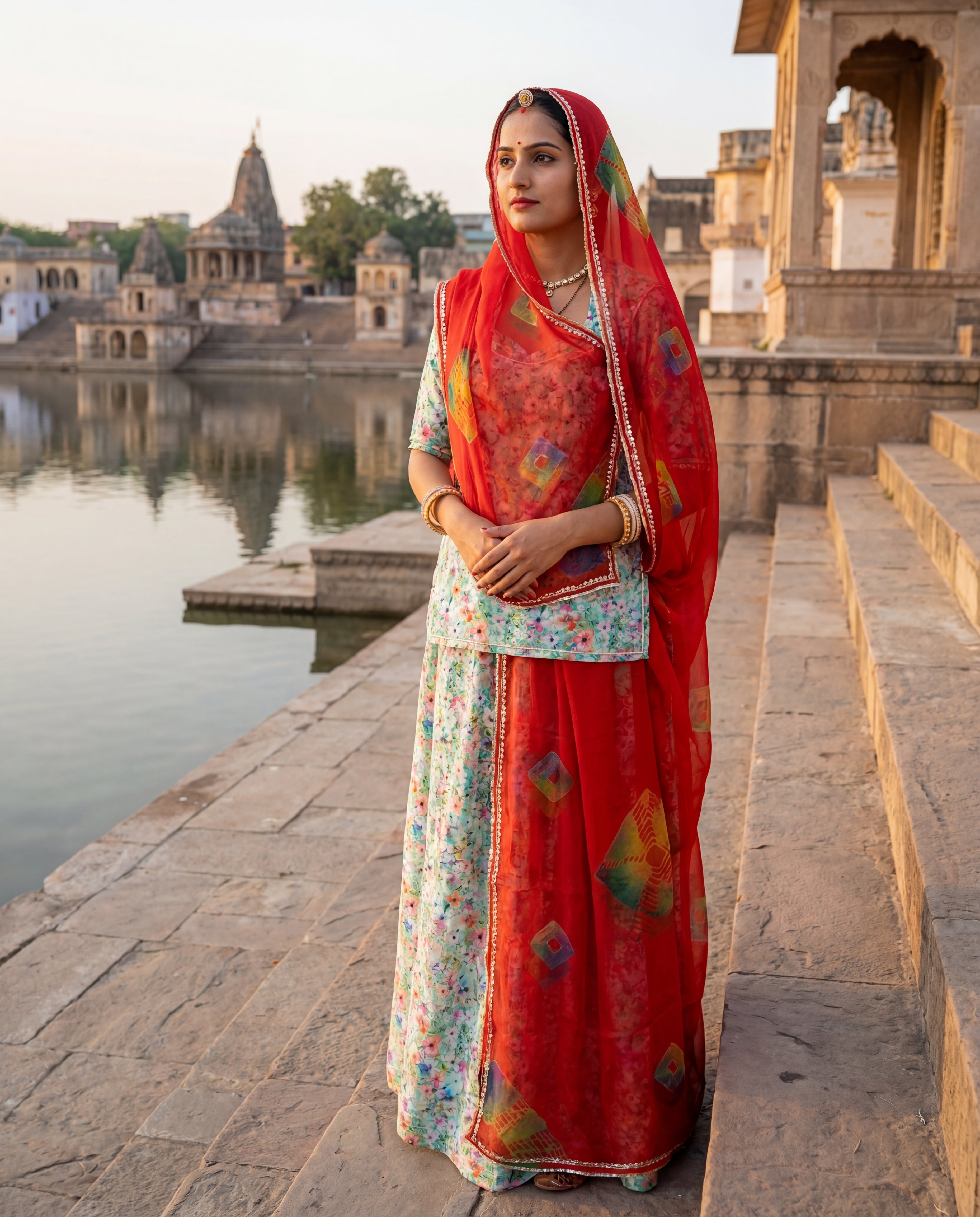 'Firoza Bahaar' - Seafoam Green Floral Print Rajputi Suit Set + Deep Red Contrast Odhani