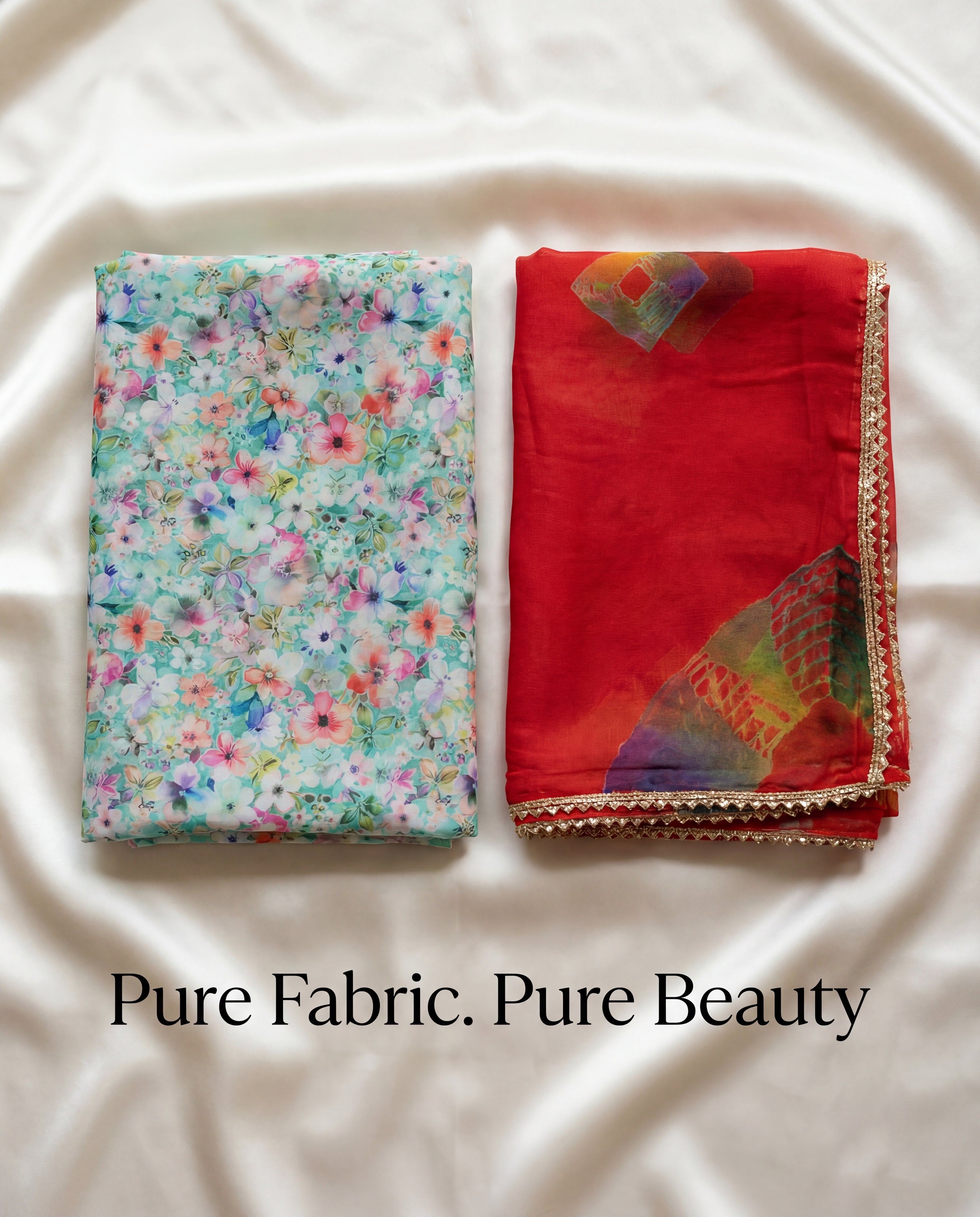 'Firoza Bahaar' - Seafoam Green Floral Print Rajputi Suit Set + Deep Red Contrast Odhani