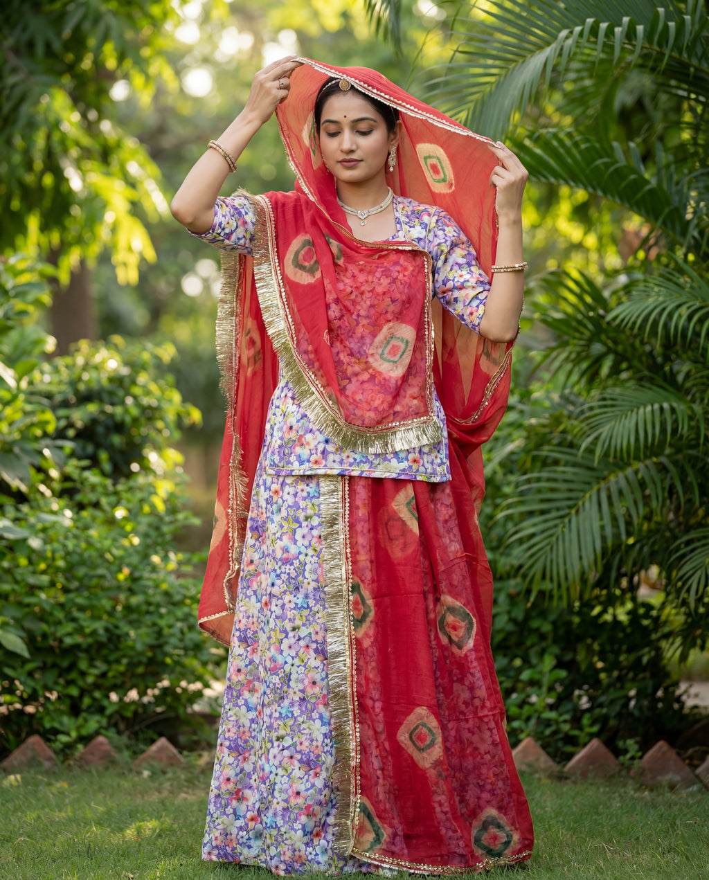 'Phulwari' - Lavender Floral Rajputi Suit Set + Deep Red Geometric Odhani