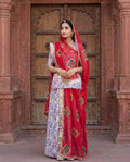 'Phulwari' - Lavender Floral Rajputi Suit Set + Deep Red Geometric Odhani