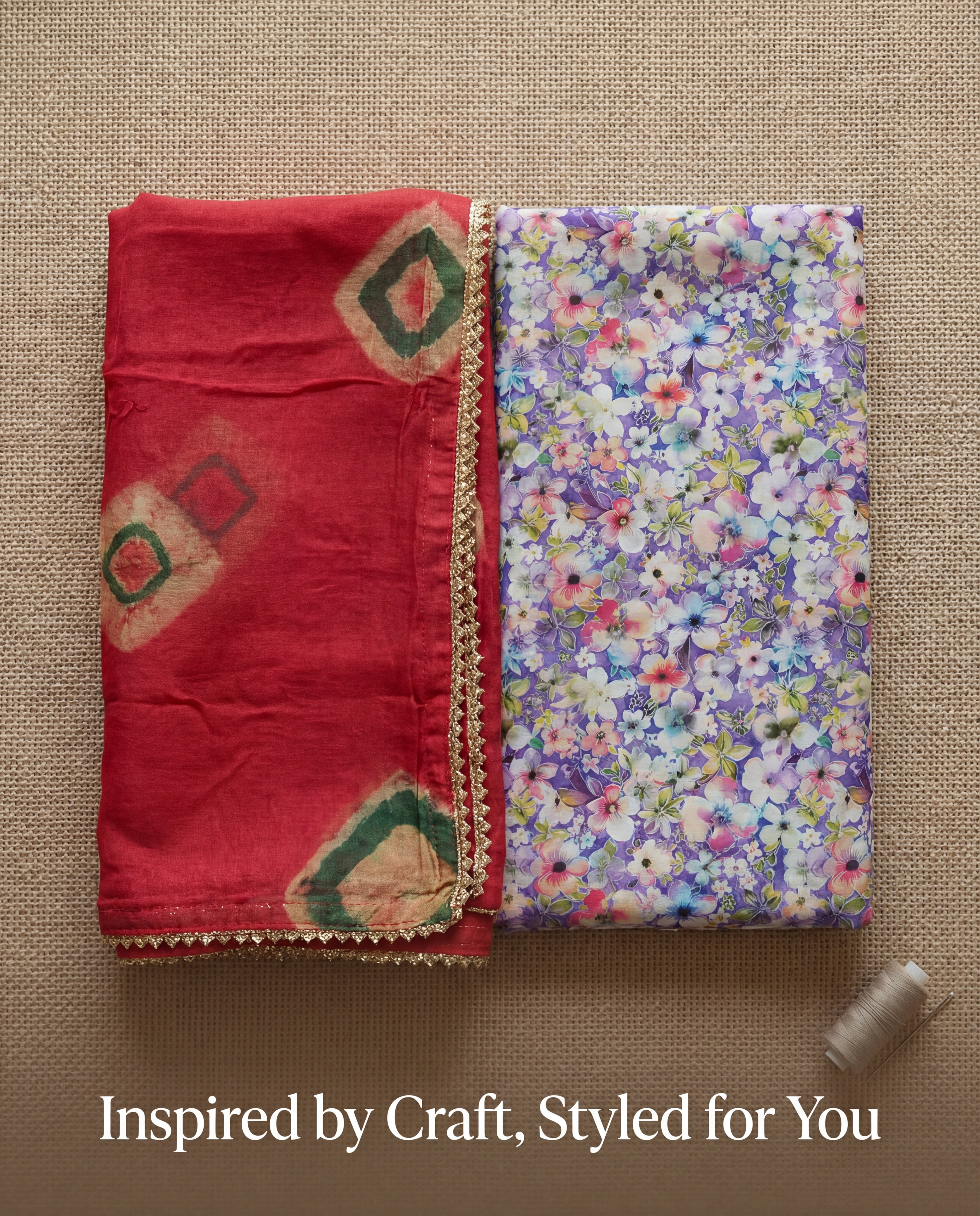 'Phulwari' - Lavender Floral Rajputi Suit Set + Deep Red Geometric Odhani