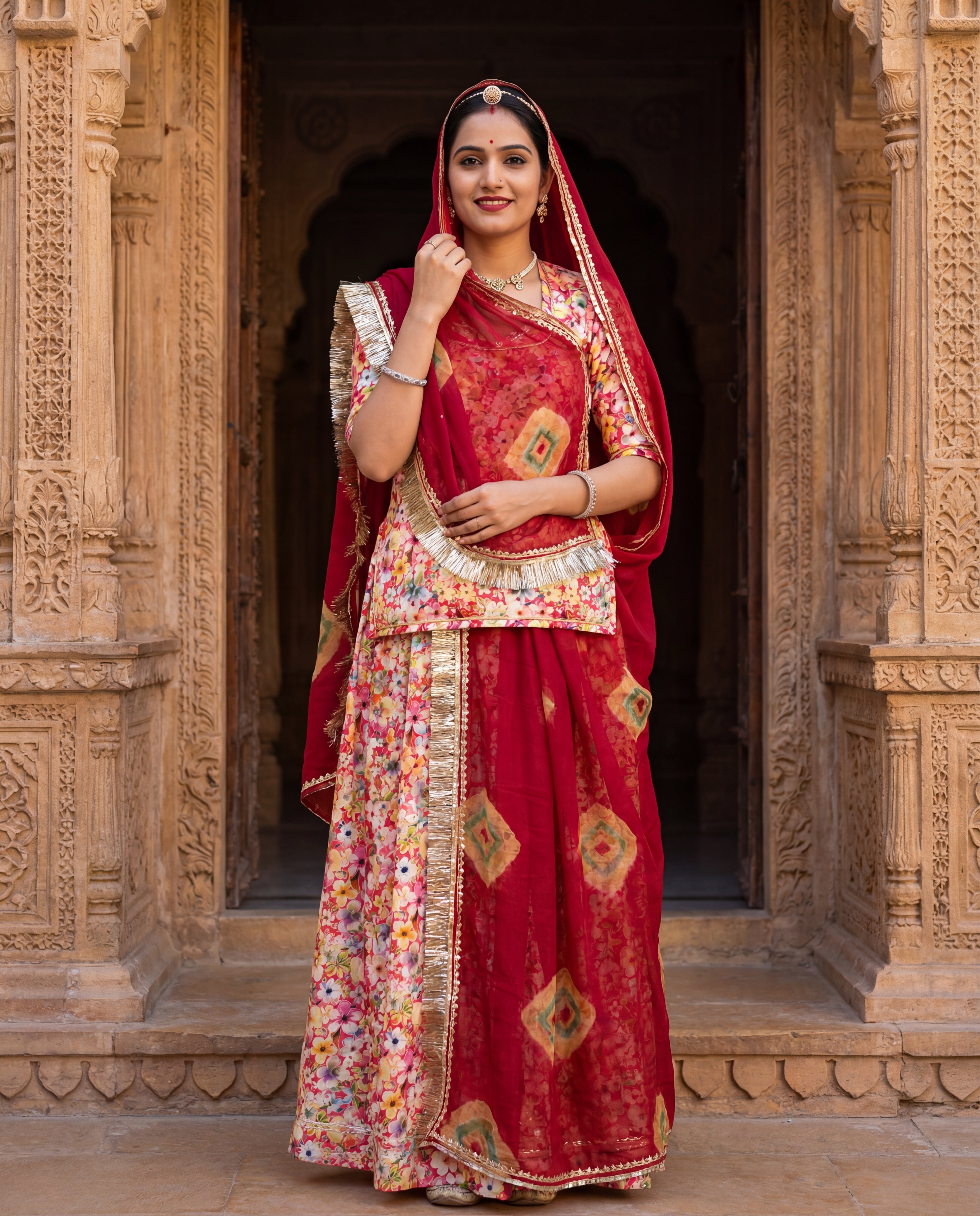 'Gulnar' - Vibrant Multi-Color Floral Rajputi Suit Set + Deep Maroon Bandhani Pattern Odhani
