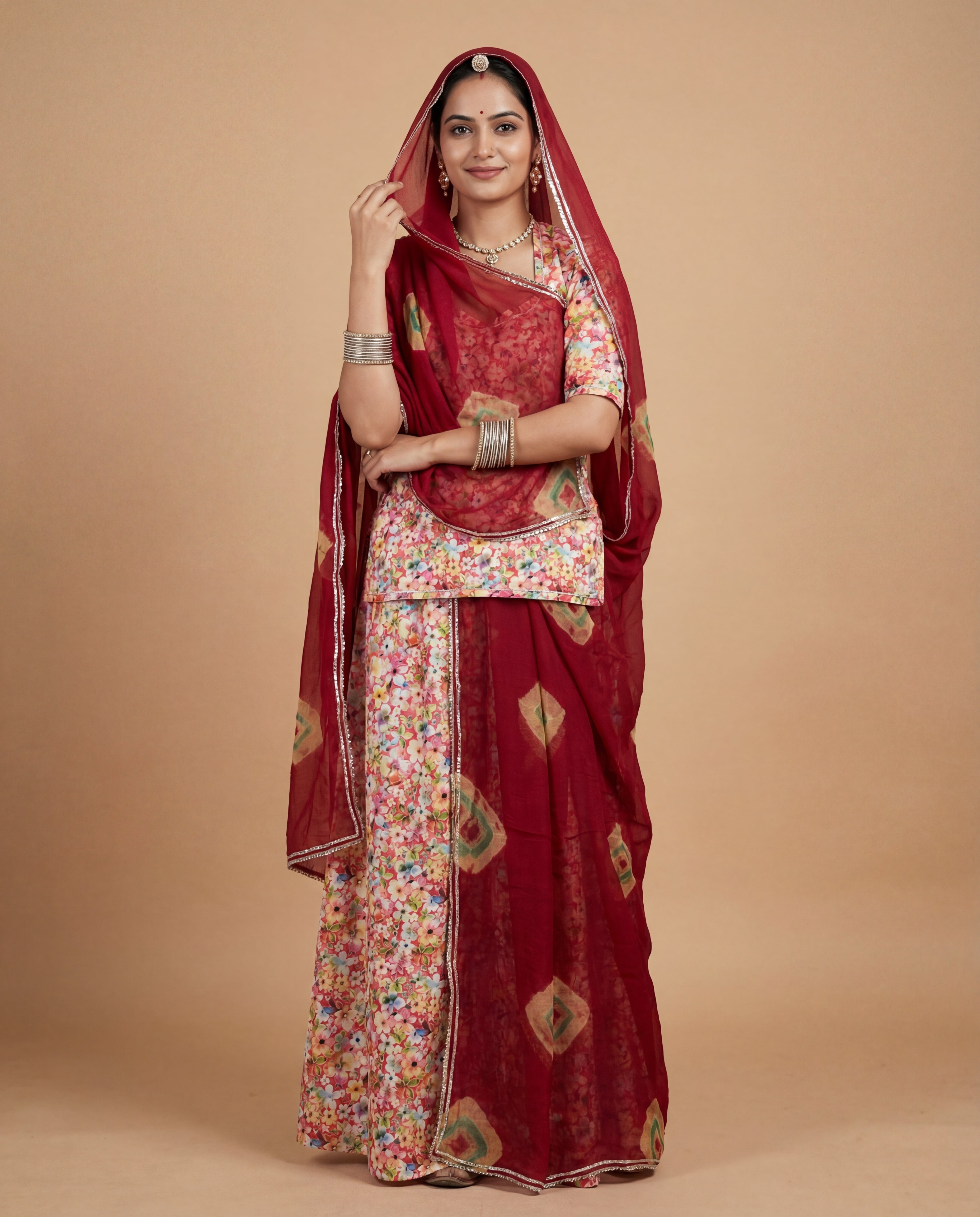'Gulnar' - Vibrant Multi-Color Floral Rajputi Suit Set + Deep Maroon Bandhani Pattern Odhani