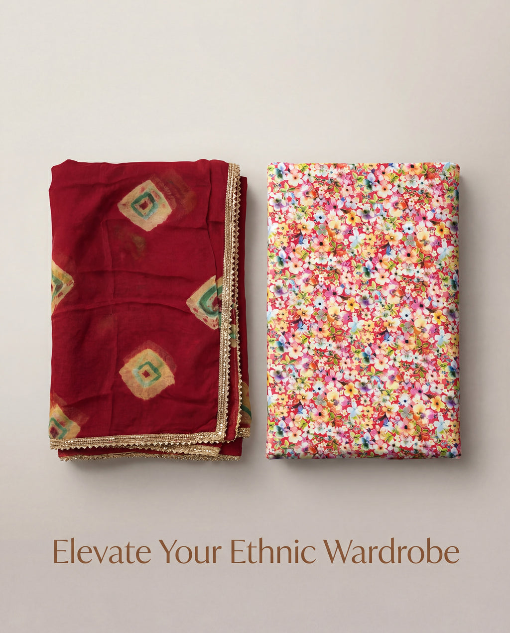 'Gulnar' - Vibrant Multi-Color Floral Rajputi Suit Set + Deep Maroon Bandhani Pattern Odhani